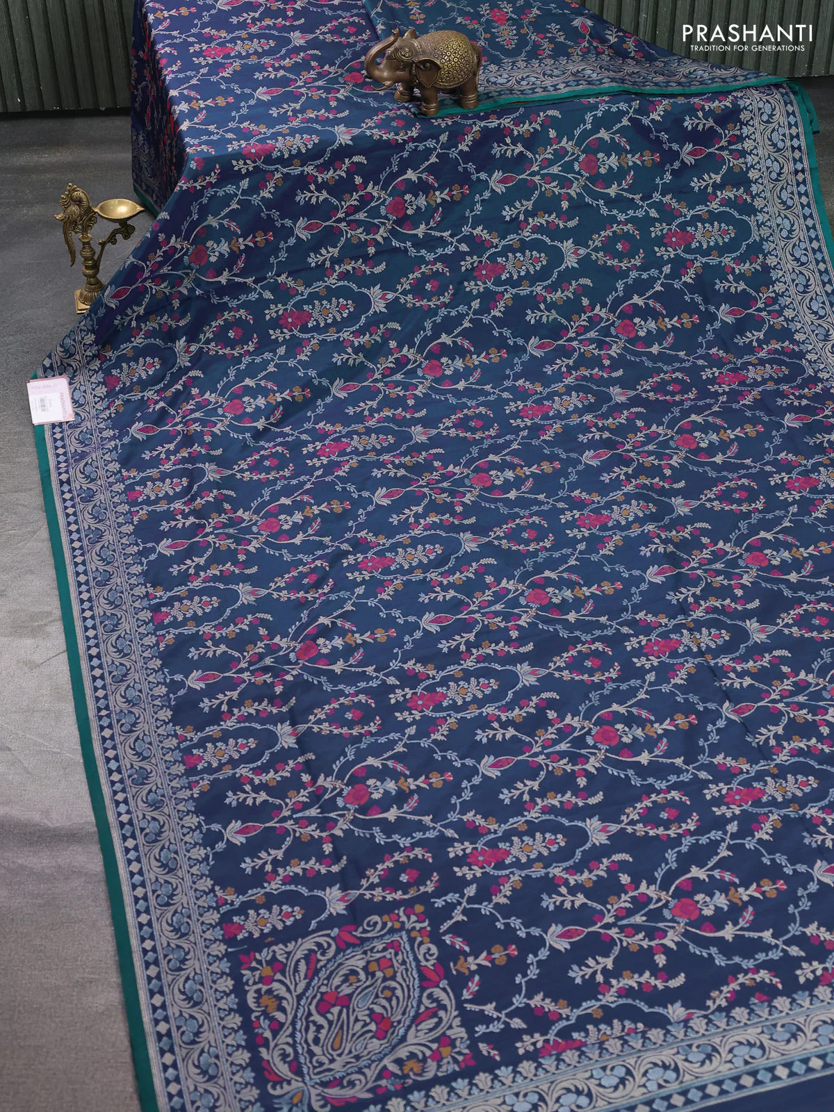 Banarasi semi katan silk saree dual shade of bluish green with allover silver & zari weaves and zari woven border - Image 2