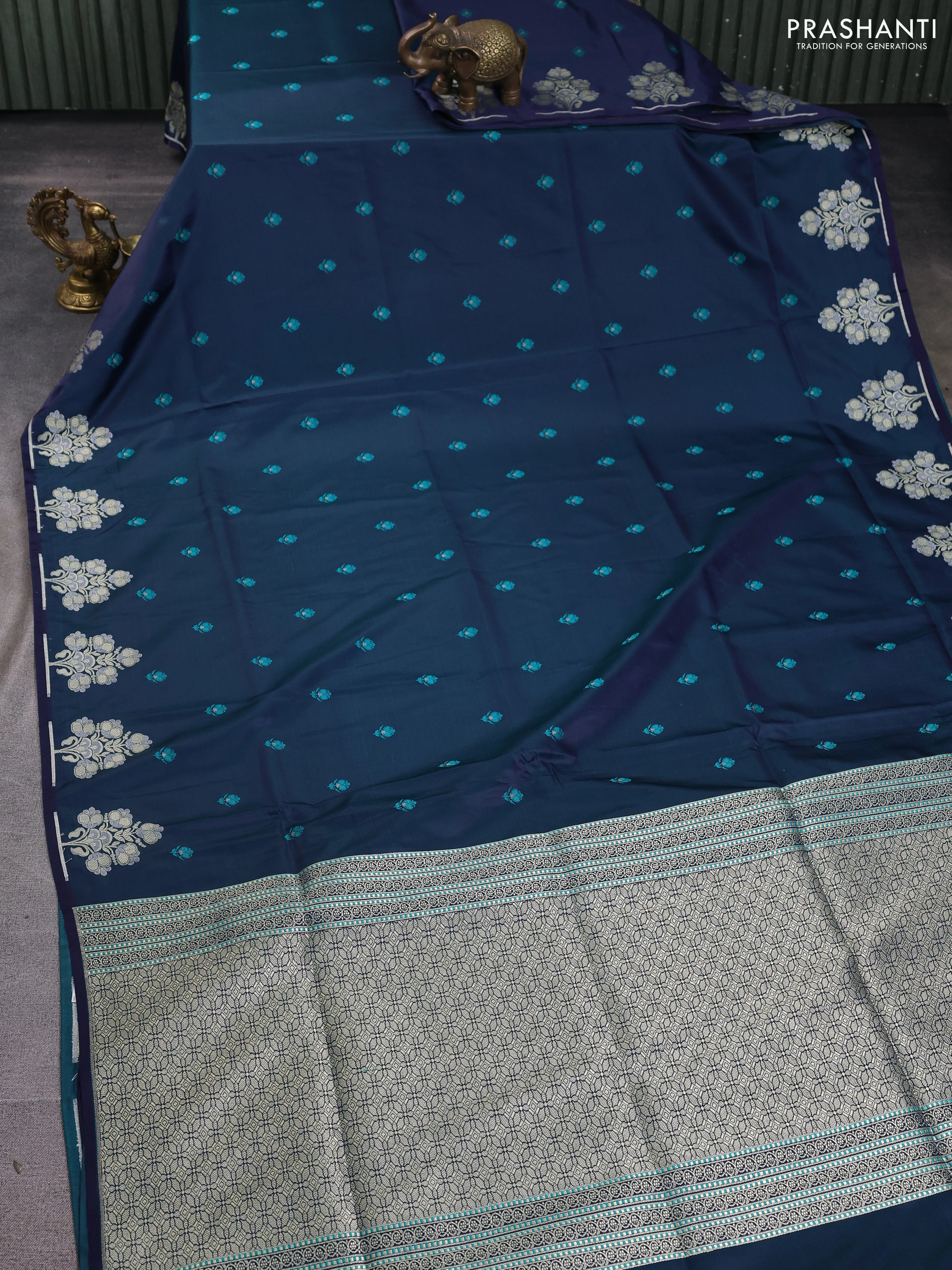 Banarasi semi katan silk saree dual shade of bluish green with allover thread woven buttas and zari woven butta border - Image 2