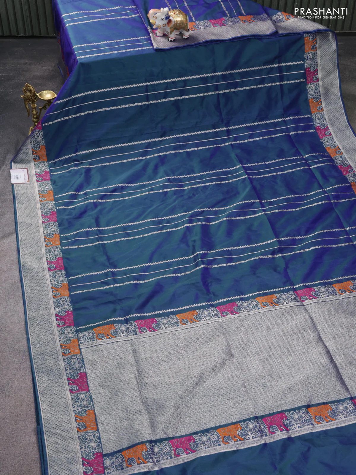 Banarasi semi katan silk saree dual shade of bluish green with allover zari weaves and rich zari woven border - Image 2