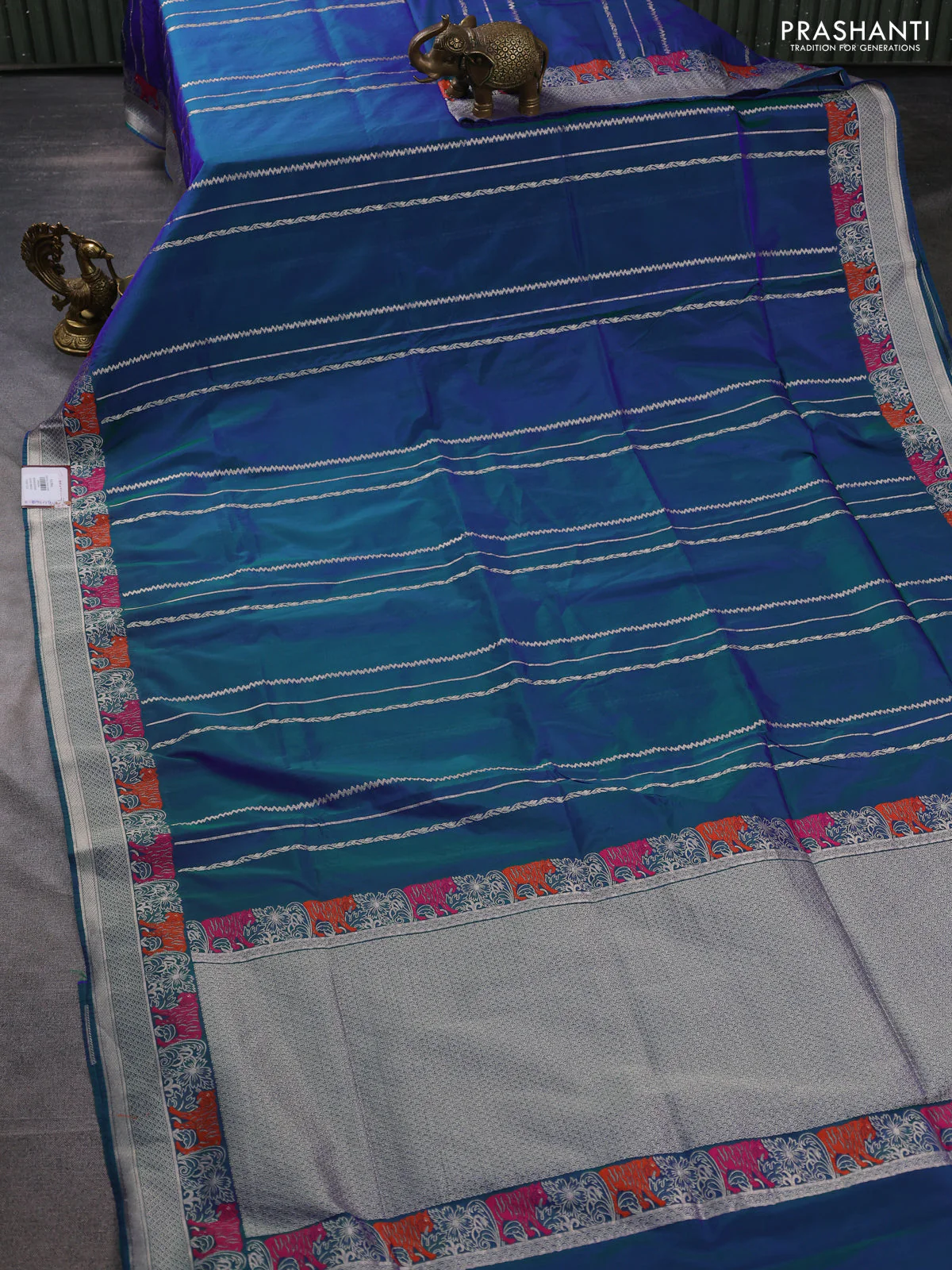 Banarasi semi katan silk saree dual shade of bluish green with allover zari weaves and thread & zari woven border - Image 2