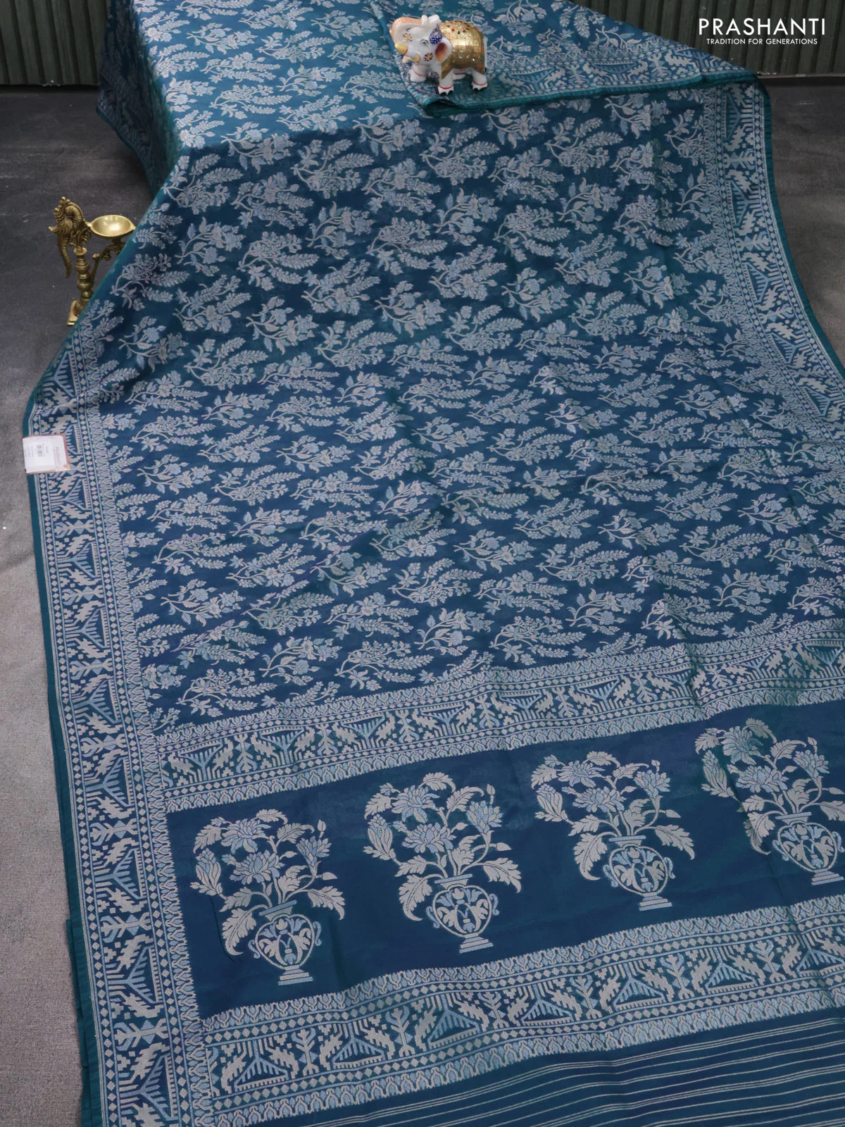 Banarasi semi katan silk saree dual shade of bluish green with allover zari weaves and zari woven border - Image 2