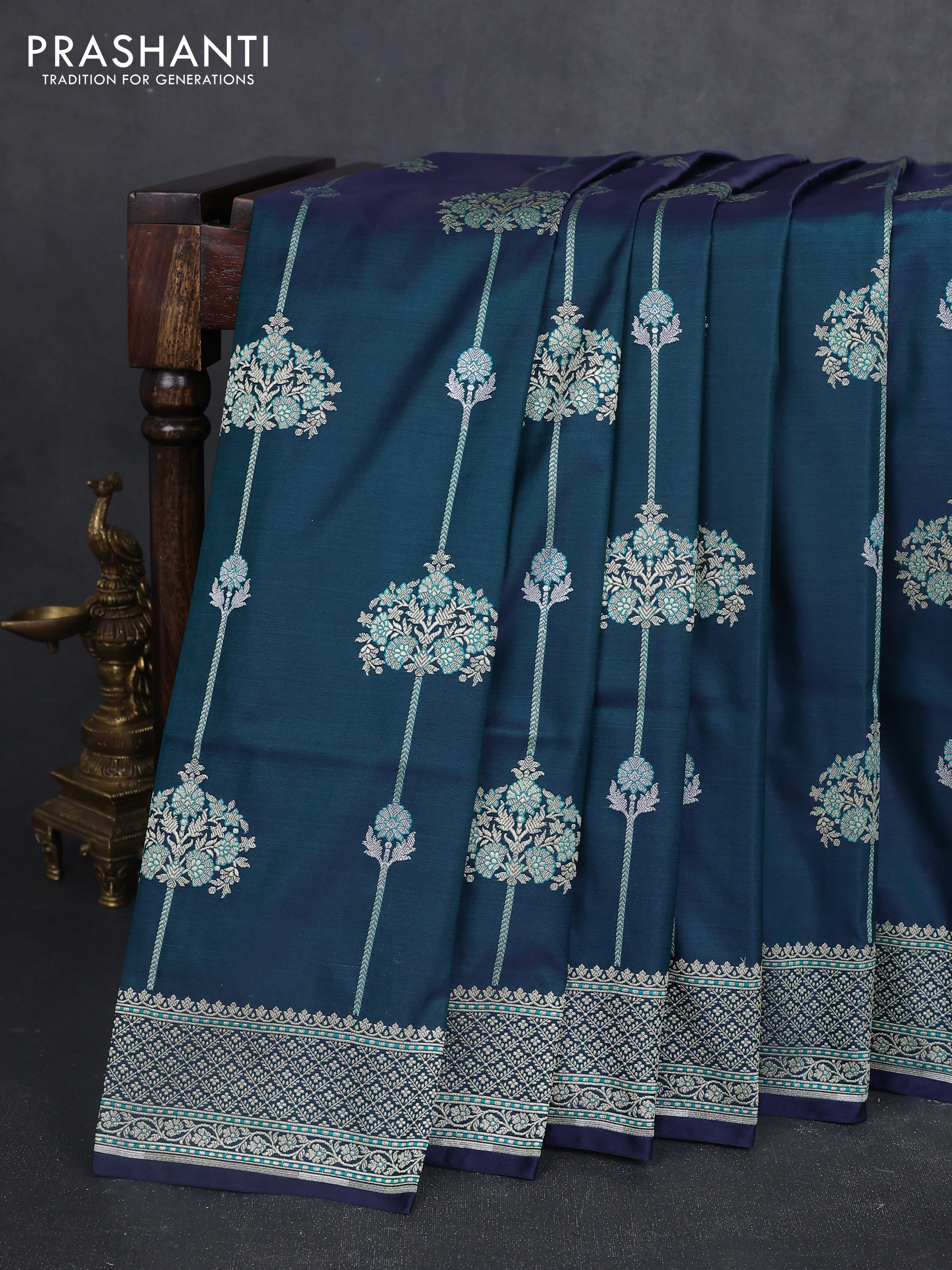 Banarasi semi katan silk saree dual shade of bluish green with alover zari weaves and zari woven border