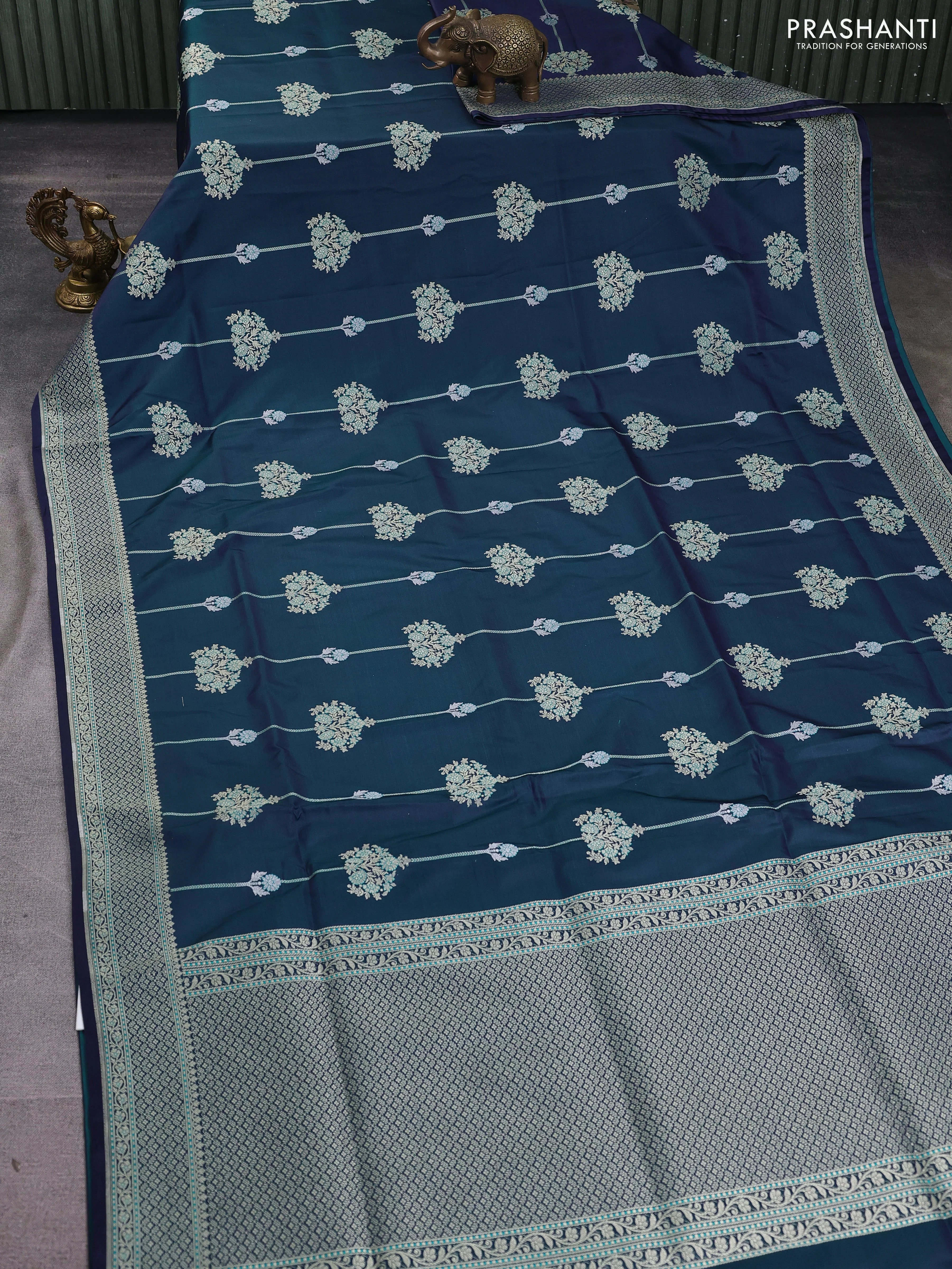 Banarasi semi katan silk saree dual shade of bluish green with alover zari weaves and zari woven border - Image 2