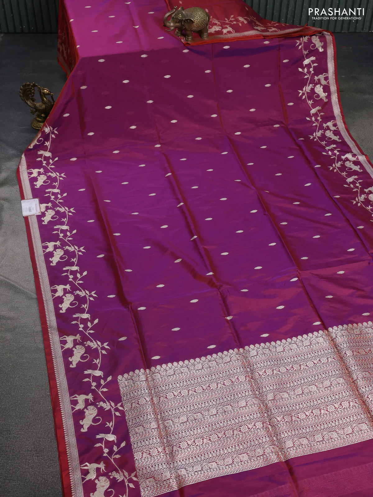 Banarasi semi katan silk saree dual shade of maroonish purple with allover zari woven buttas and rich zari woven border - Image 2