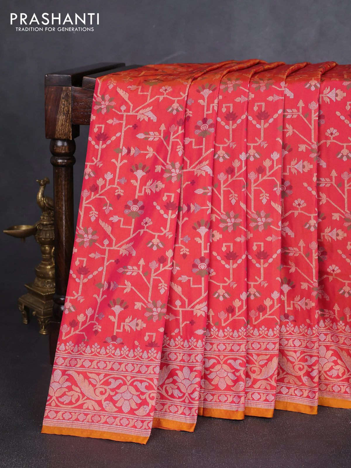 Banarasi semi katan silk saree dual shade of red with allover jamdhani weaves and zari woven border
