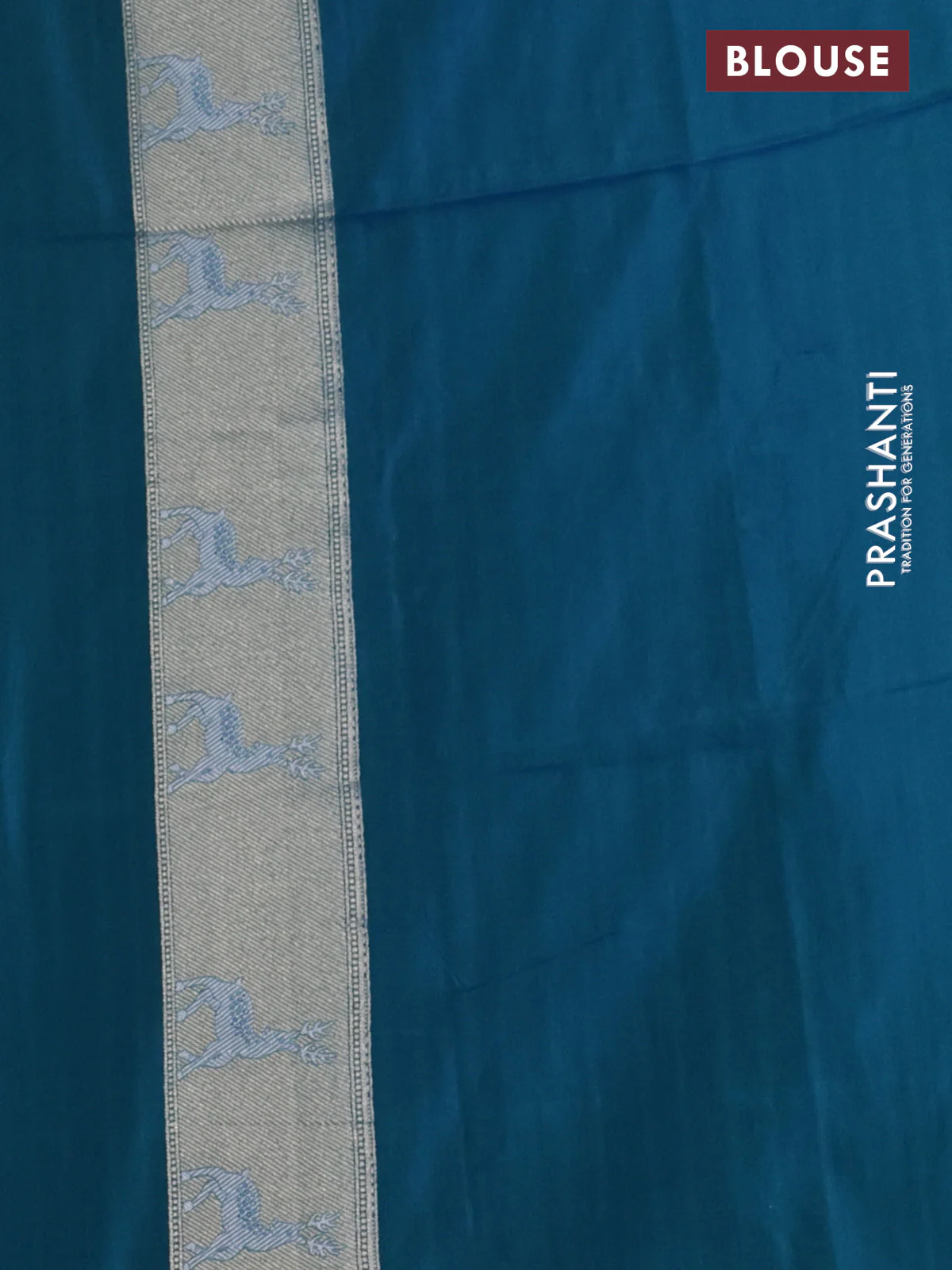 Banarasi semi katan silk saree dual shade of teal bluish green with allover silver & gold zari weaves and deer design zari woven border - Image 3