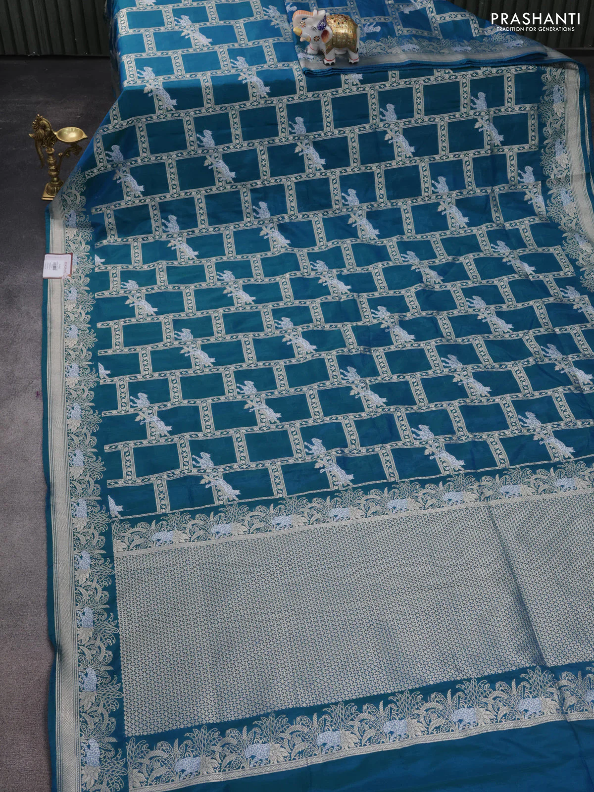 Banarasi semi katan silk saree dual shade of teal bluish green with allover silver & gold zari weaves and zari woven border - Image 2