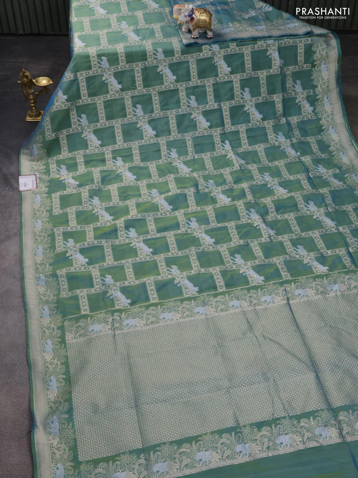 Banarasi semi katan silk saree dual shade of teal bluish green with allover silver & gold zari weaves and zari woven border - Image 2