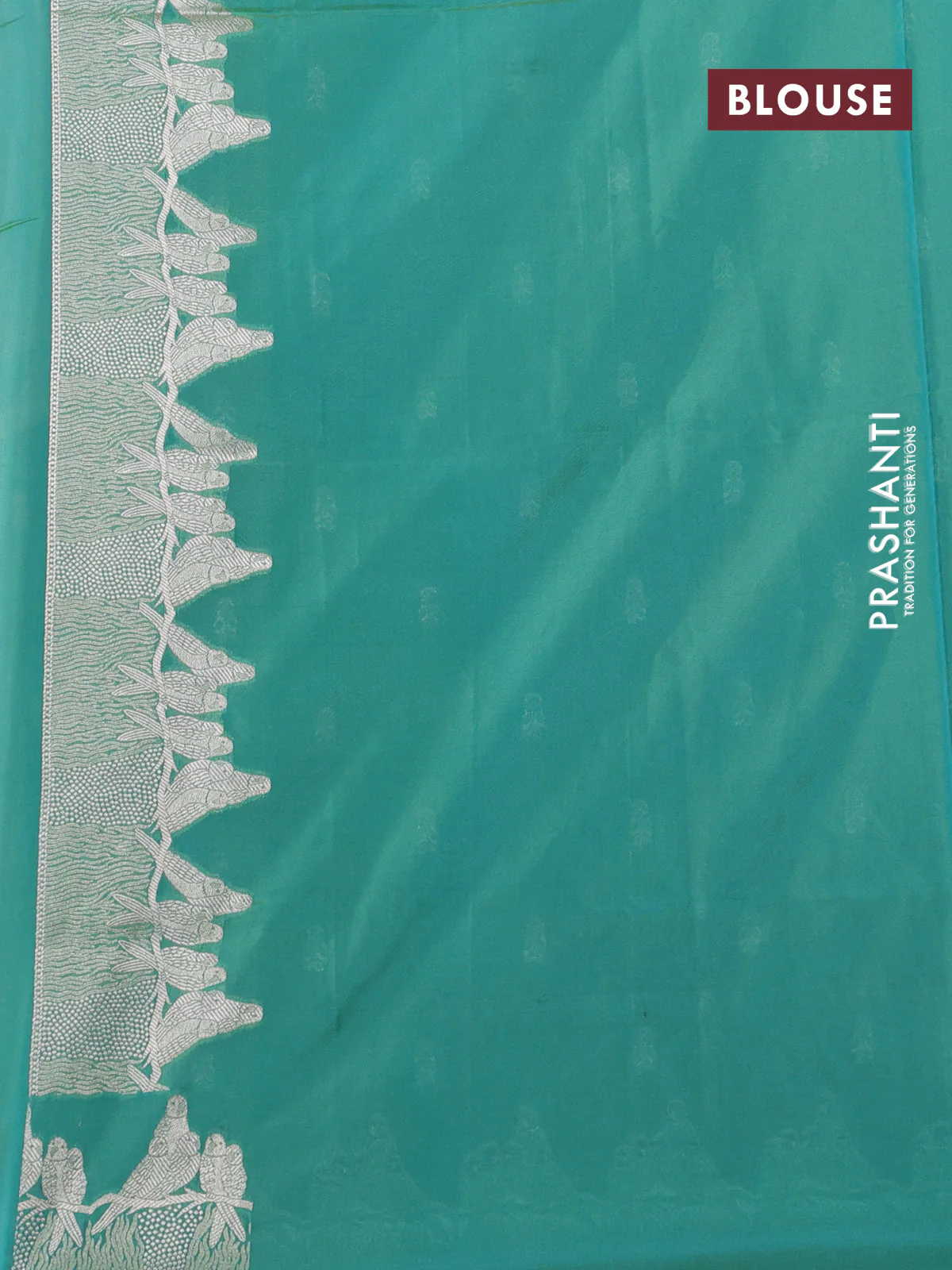 Banarasi semi katan silk saree dual shade of teal bluish green with allover zari woven buttas and parrot design zari woven border - Image 3