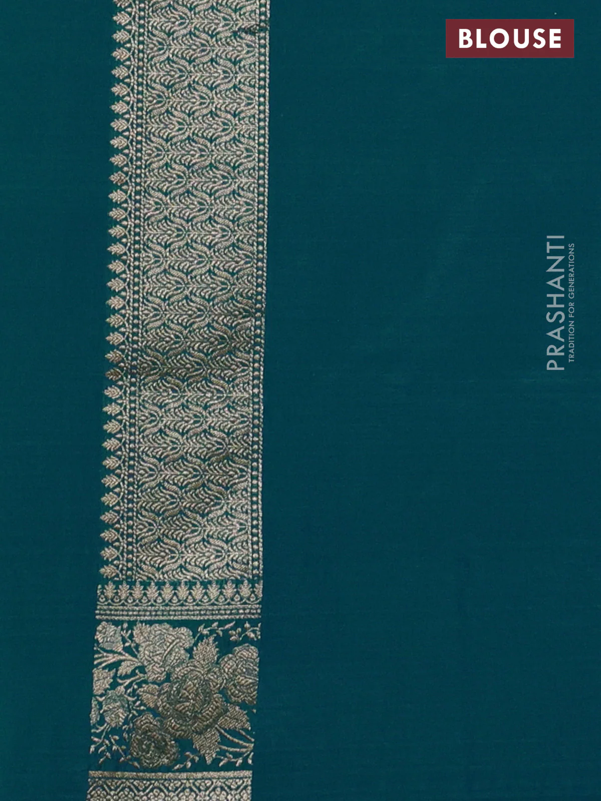 Banarasi semi katan silk saree dual shade of teal bluish green with floral zari woven buttas and zari woven border - Image 3