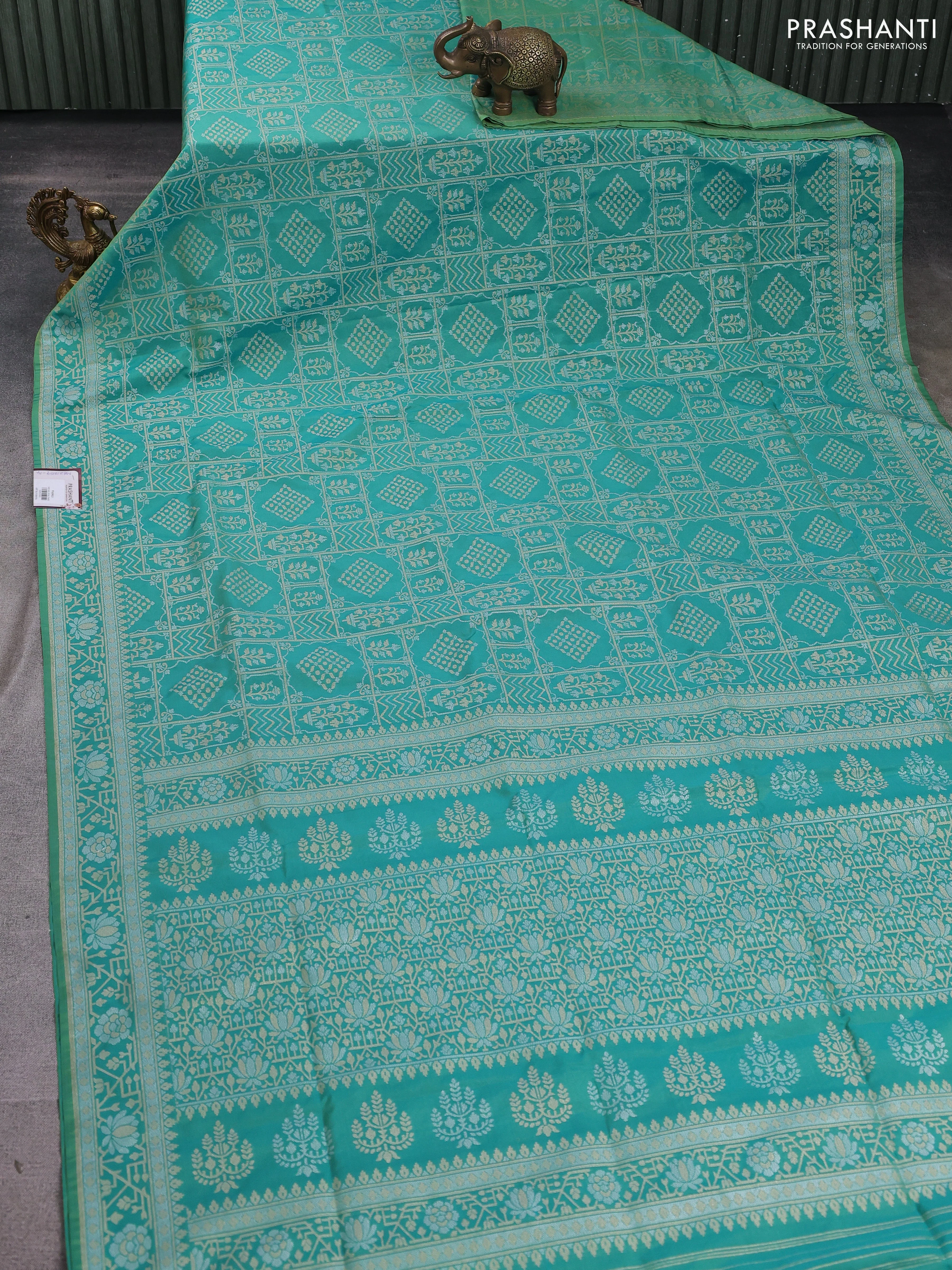 Banarasi semi katan silk saree dual shade of teal green with allover silver & gold zari woven buttas and zari woven border - Image 2