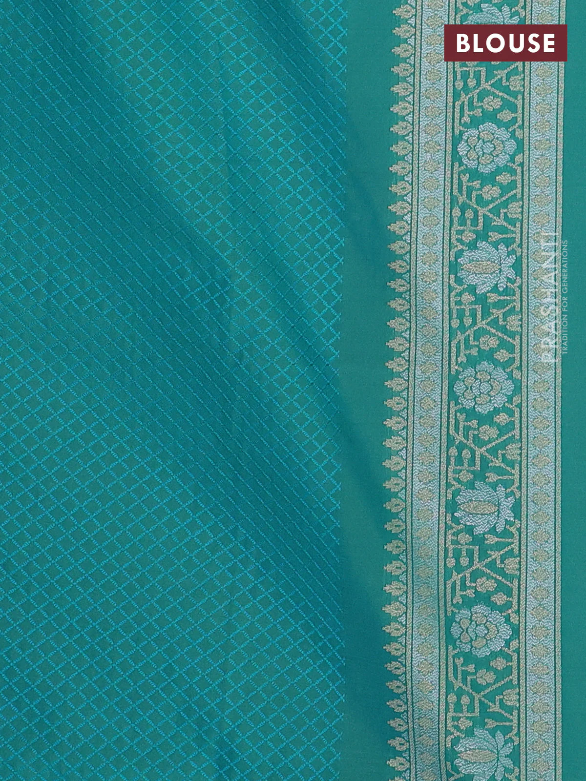 Banarasi semi katan silk saree dual shade of teal green with allover silver & gold zari woven buttas and zari woven border - Image 3