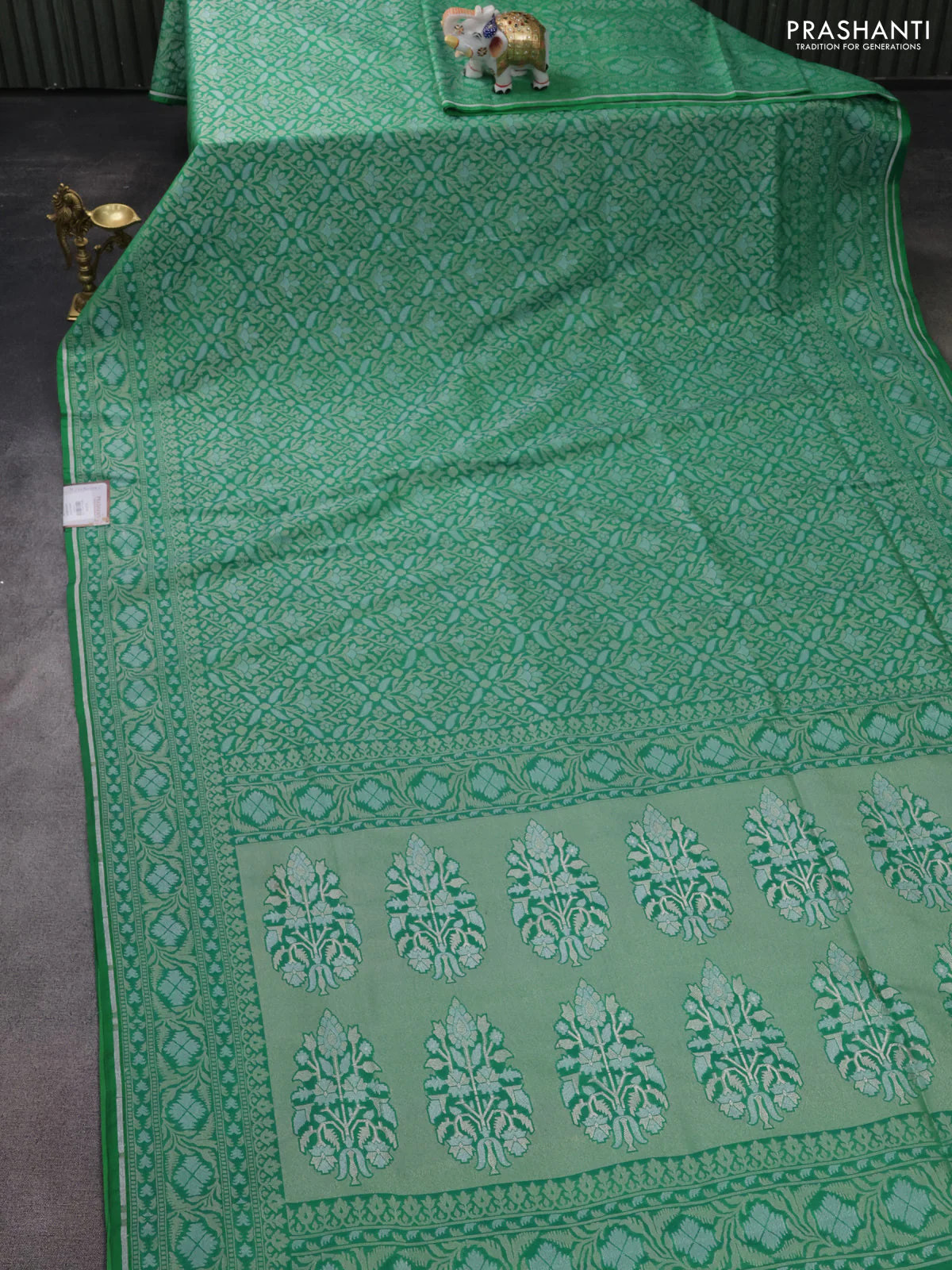 Banarasi semi katan silk saree green with allover zari woven brocade weaves and zari woven border - Image 2