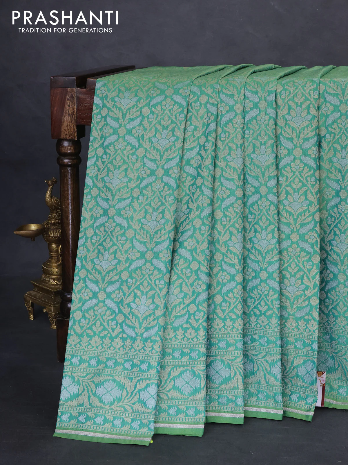 Banarasi semi katan silk saree green with allover zari woven brocade weaves and zari woven border