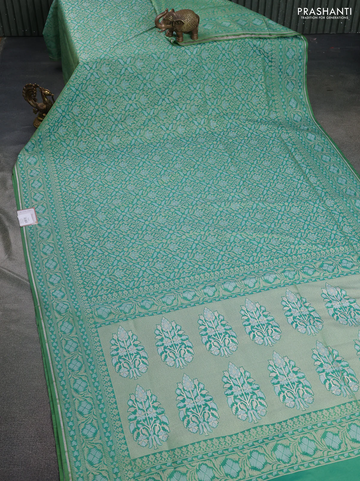 Banarasi semi katan silk saree green with allover zari woven brocade weaves and zari woven border - Image 2