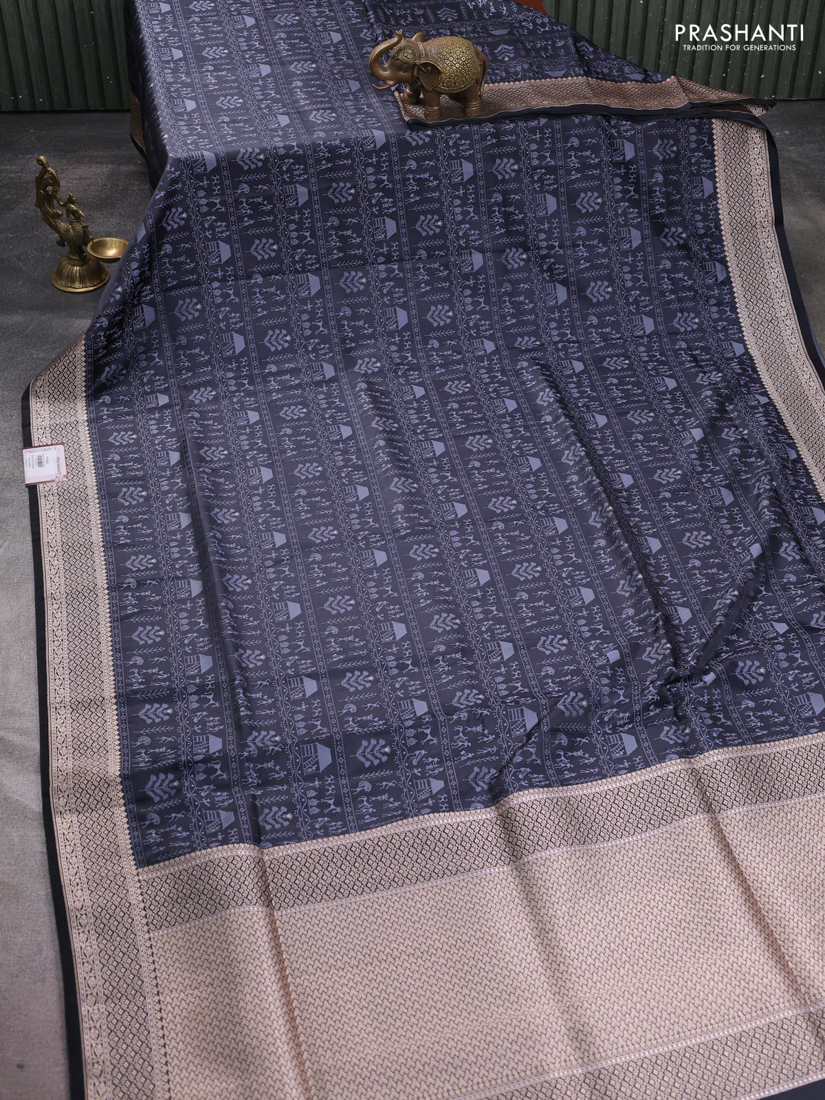 Banarasi semi katan silk saree grey with allover self emboss and copper zari woven border - Image 2