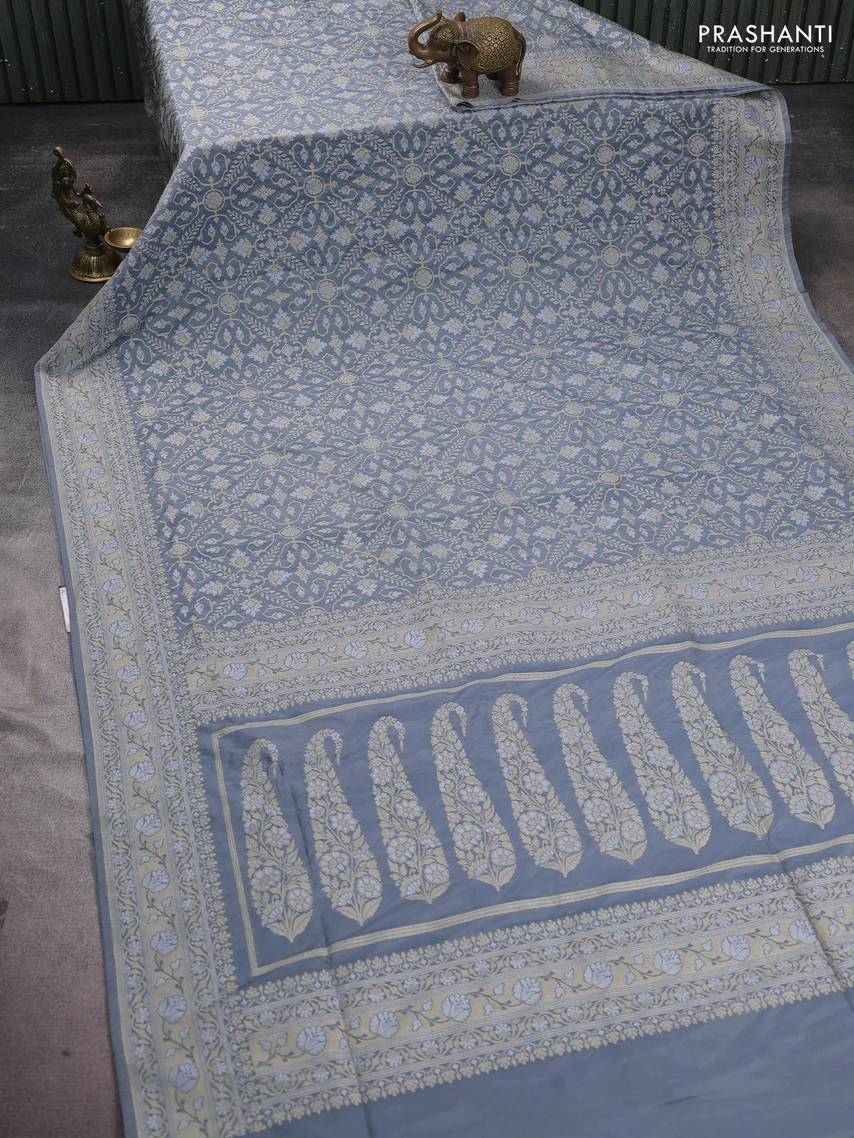 Banarasi semi katan silk saree grey with allover silver & gold zari weaves and zari woven border - Image 2
