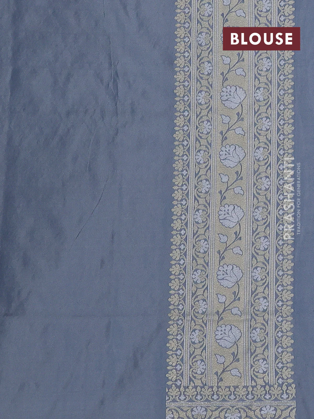Banarasi semi katan silk saree grey with allover silver & gold zari weaves and zari woven border - Image 3