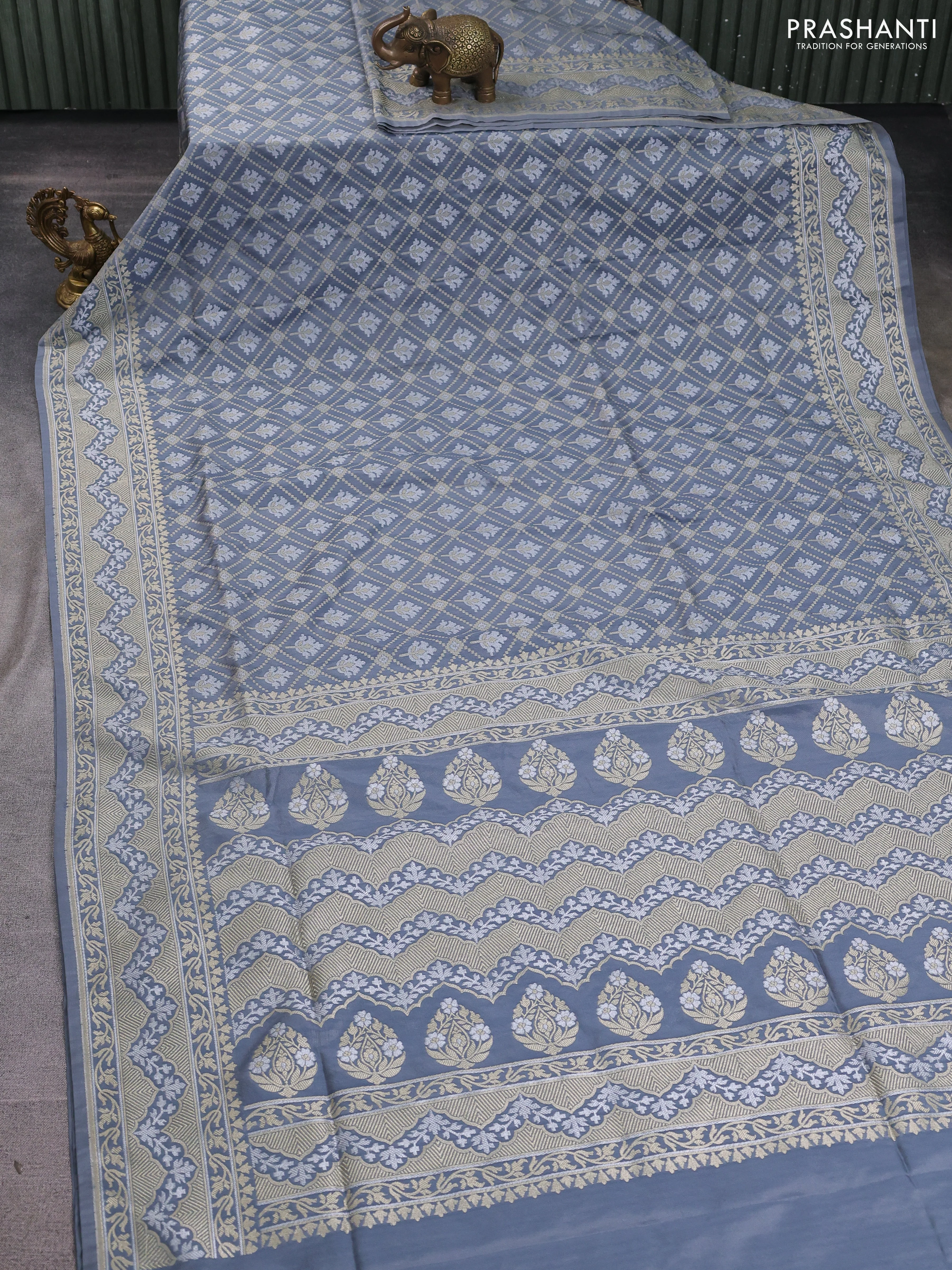 Banarasi semi katan silk saree grey with allover thread & zari weaves and zari woven border - Image 2