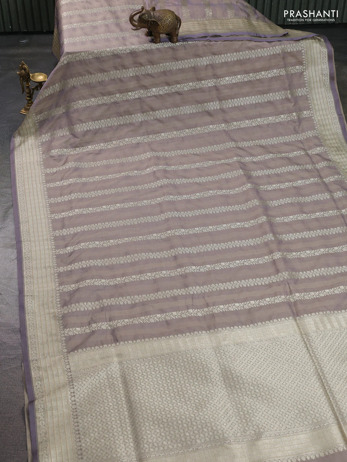 Banarasi semi katan silk saree grey with allover zari weaves and zari woven border - Image 2