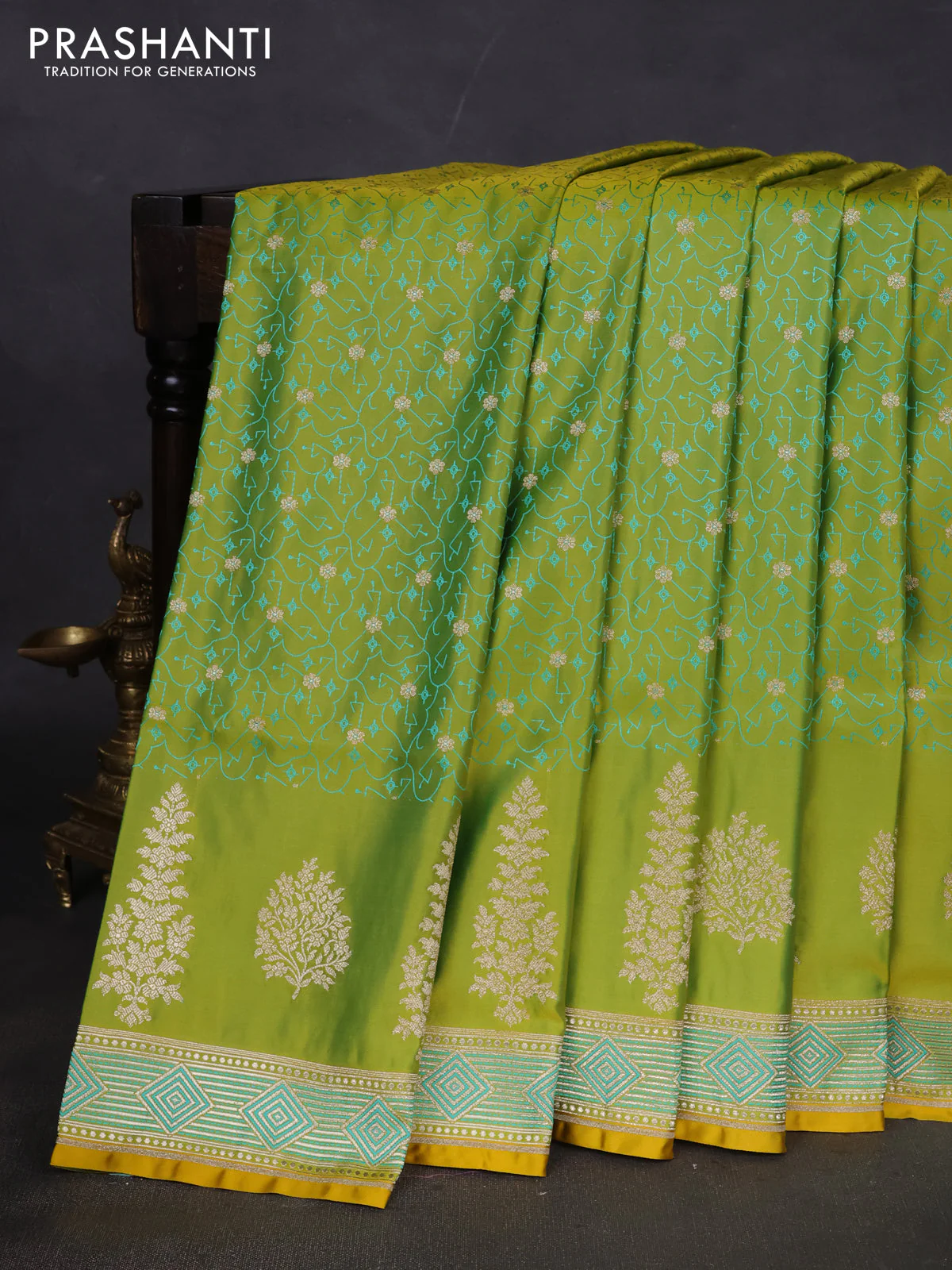 Banarasi semi katan silk saree lime green with allover thread weaves & zari woven buttas and zari woven border