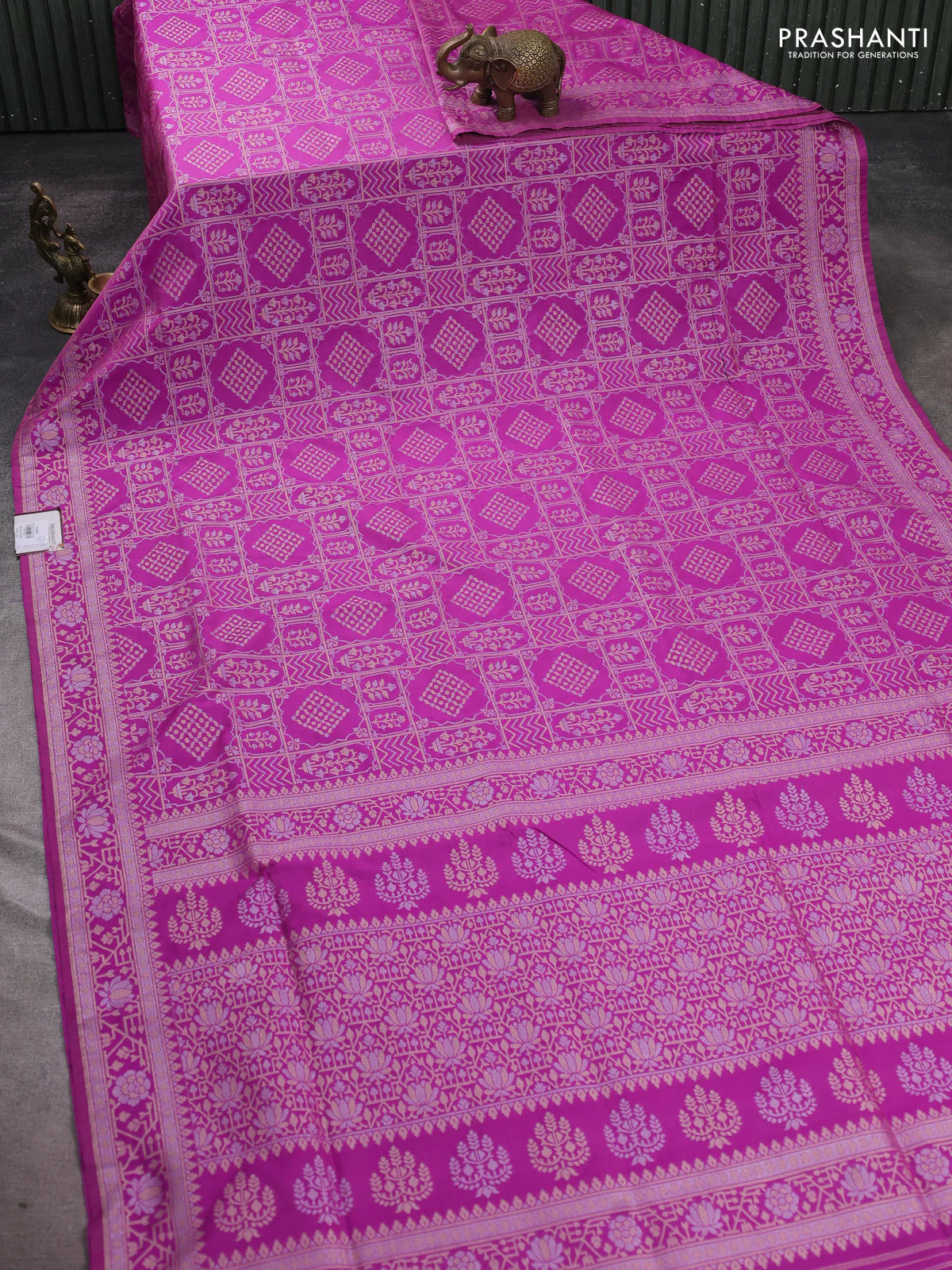 Banarasi semi katan silk saree magenta pink with allover silver & gold zari woven buttas and zari woven border - Image 2