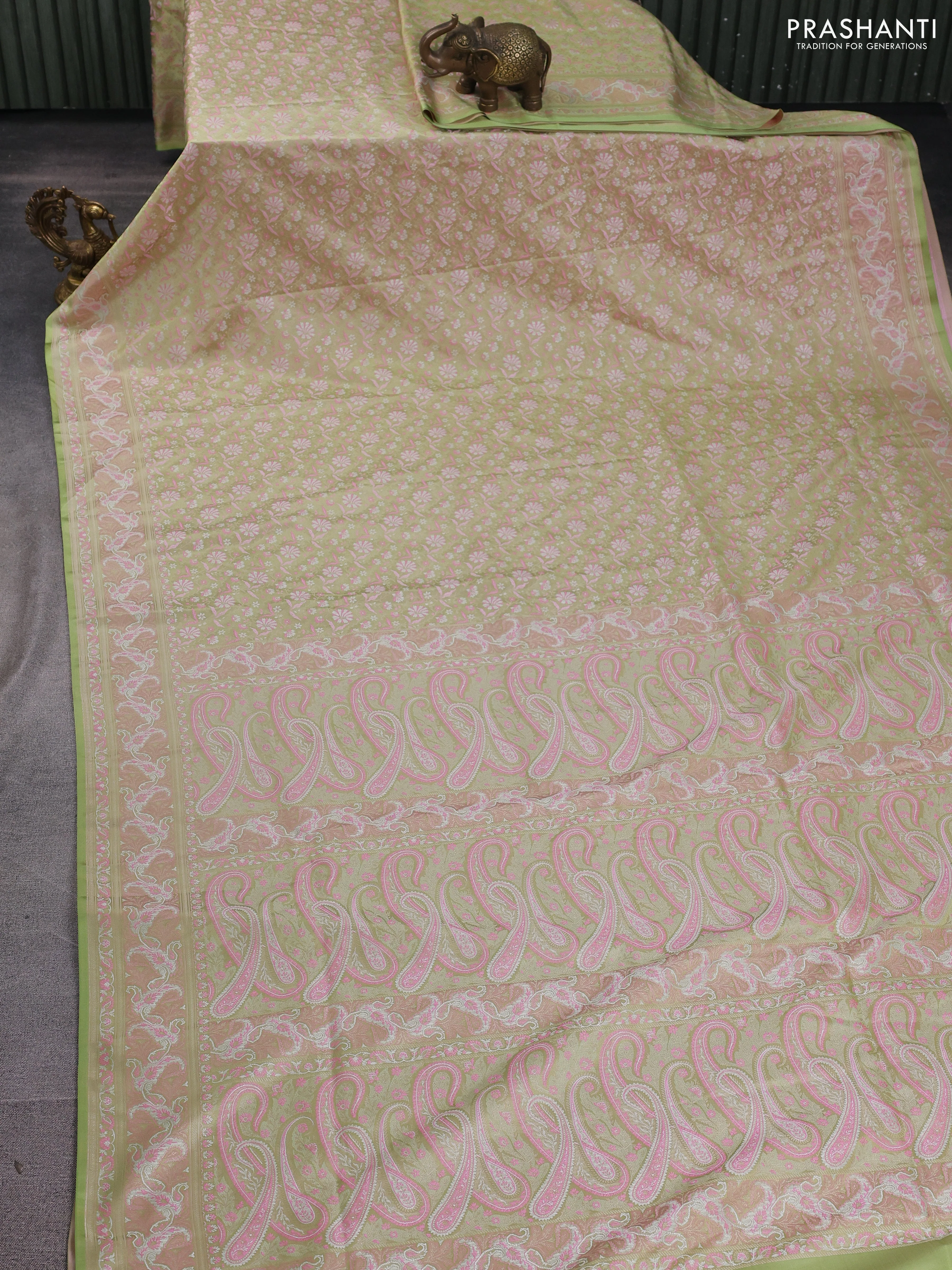 Banarasi semi katan silk saree mild pista green and light pink with allover thread woven brocade weaves and thread woven border - Image 2