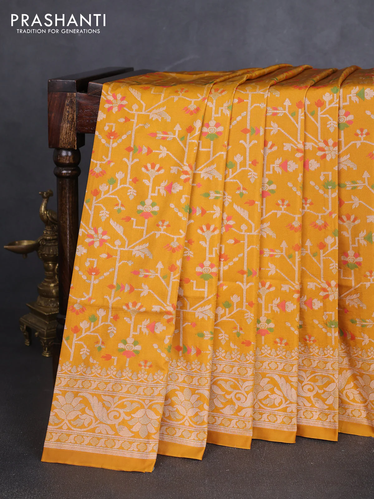 Banarasi semi katan silk saree mustard yellow with allover jamdhani weaves and zari woven border