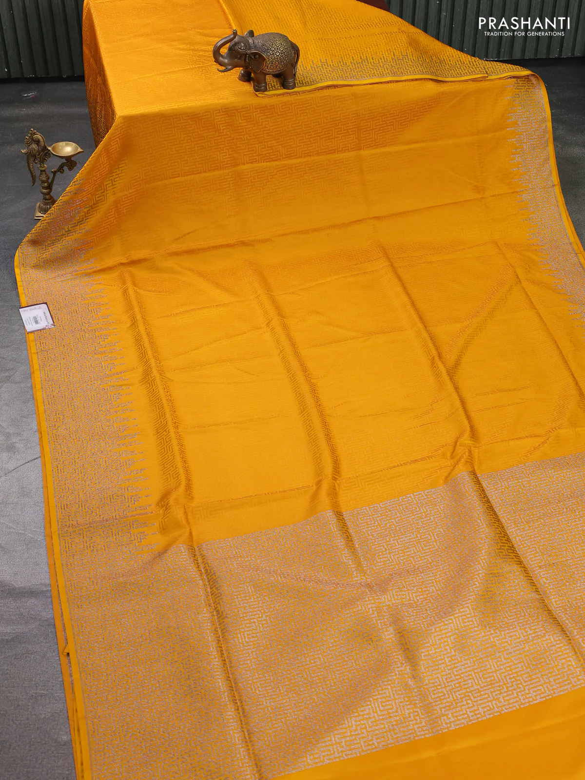 Banarasi semi katan silk saree mustard yellow with allover self emboss and zari woven border - Image 2