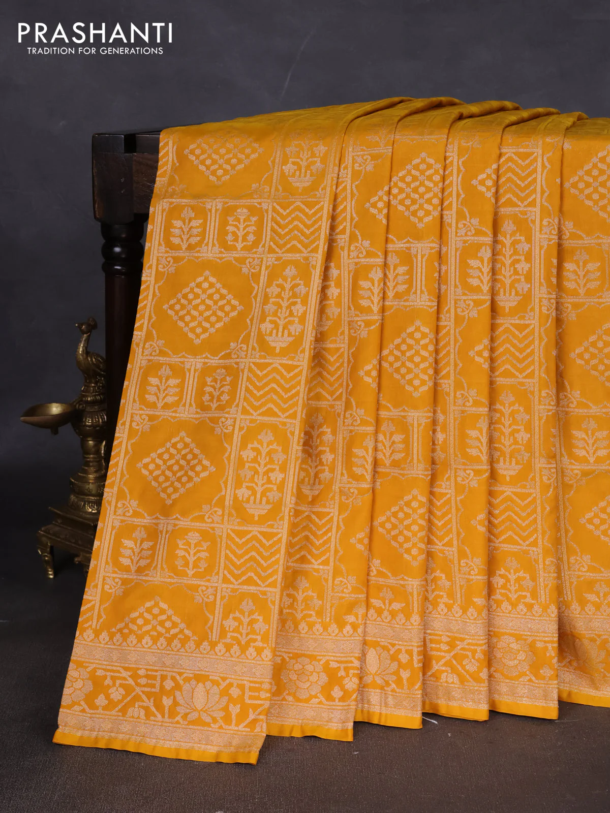 Banarasi semi katan silk saree mustard yellow with allover silver & gold zari woven buttas and zari woven border