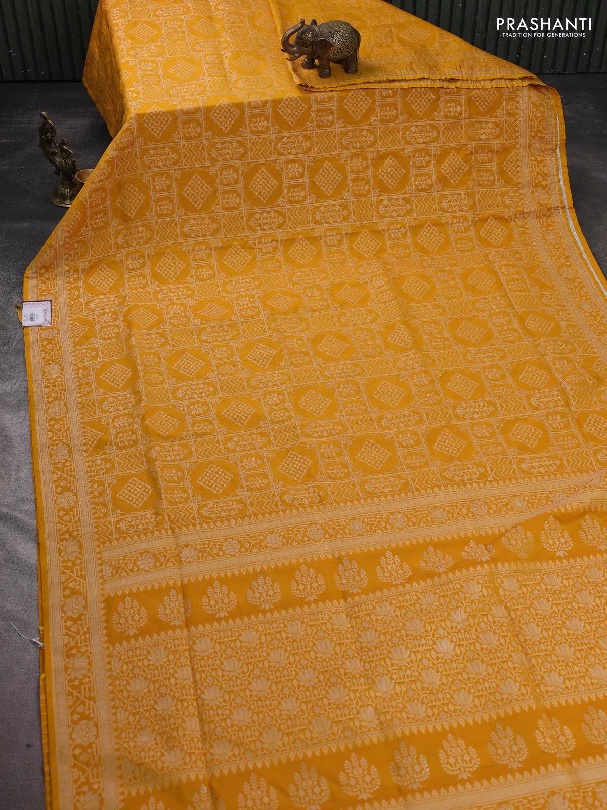 Banarasi semi katan silk saree mustard yellow with allover silver & gold zari woven buttas and zari woven border - Image 2