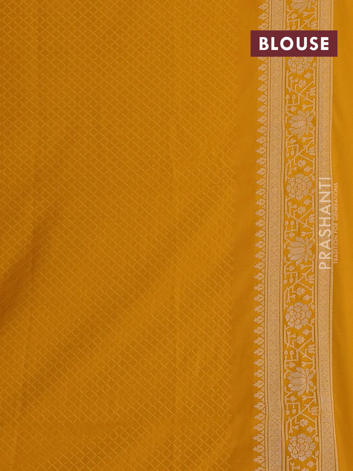 Banarasi semi katan silk saree mustard yellow with allover silver & gold zari woven buttas and zari woven border - Image 3