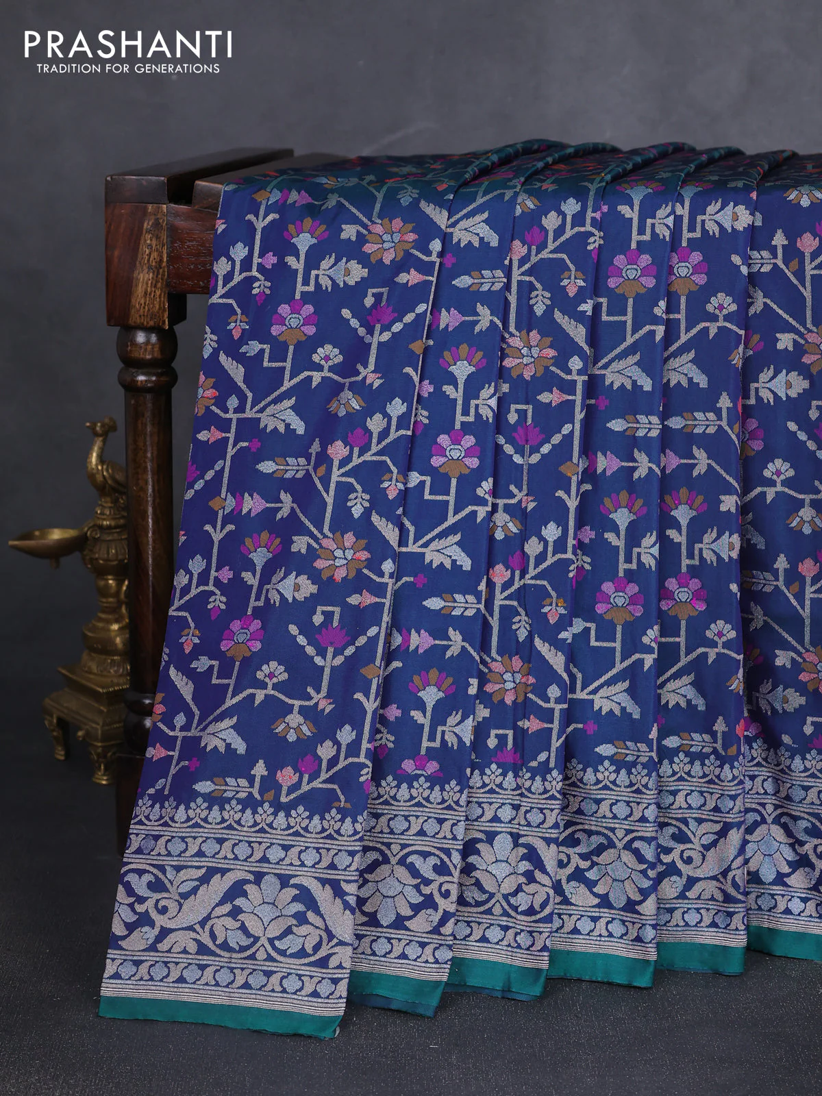 Banarasi semi katan silk saree navy blue with allover jamdhani weaves and zari woven border