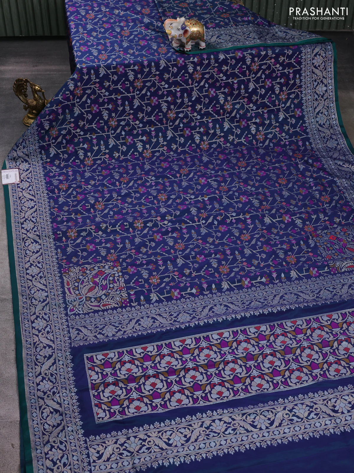 Banarasi semi katan silk saree navy blue with allover jamdhani weaves and zari woven border - Image 2