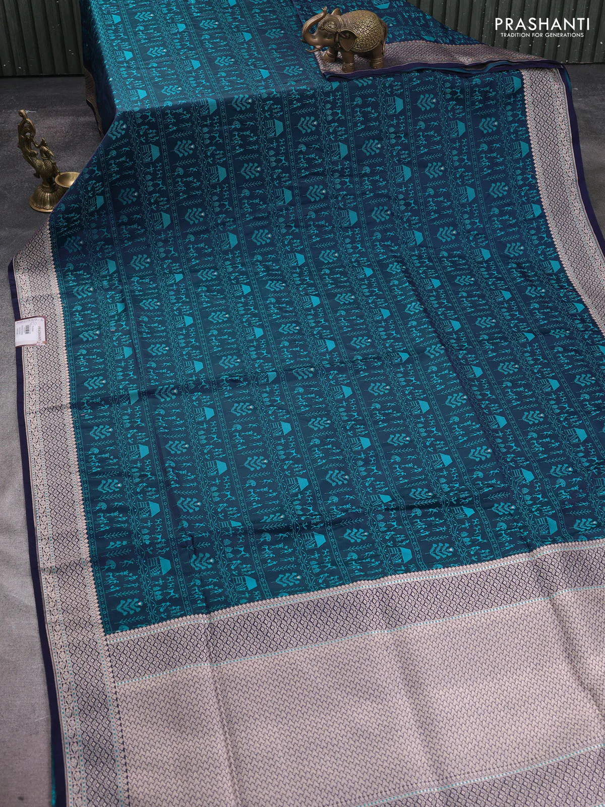 Banarasi semi katan silk saree navy blue with allover self emboss and copper zari woven border - Image 2