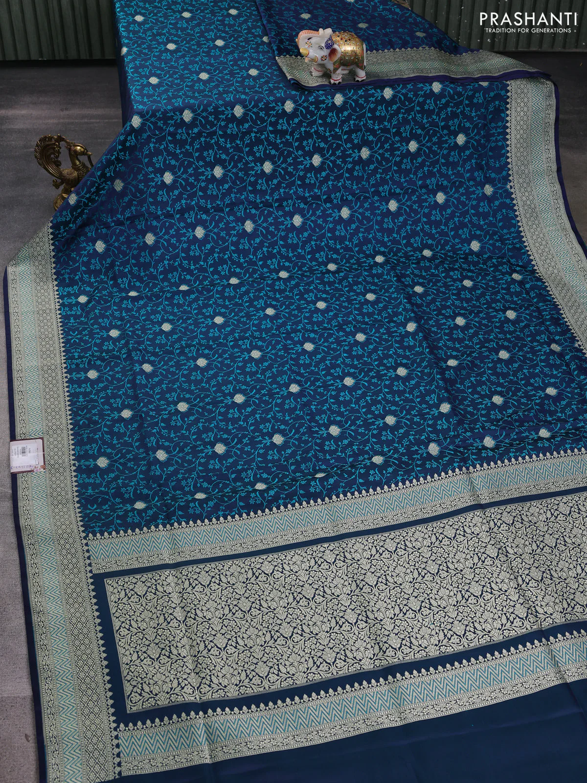 Banarasi semi katan silk saree navy blue with allover self emboss & zari buttas and zari woven border - Image 2