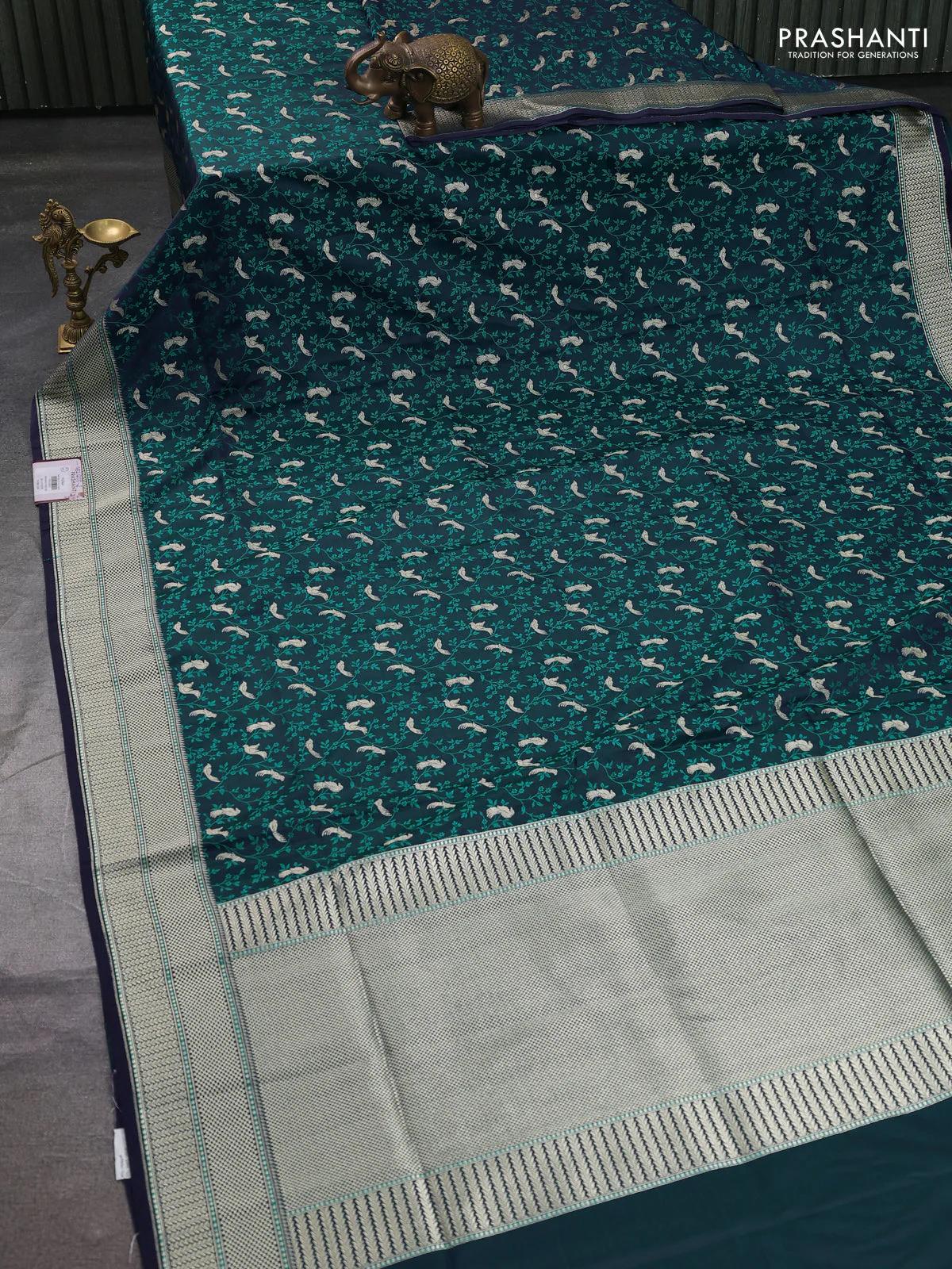 Banarasi semi katan silk saree navy blue with allover thread weaves & zari woven border and zari woven border - Image 2