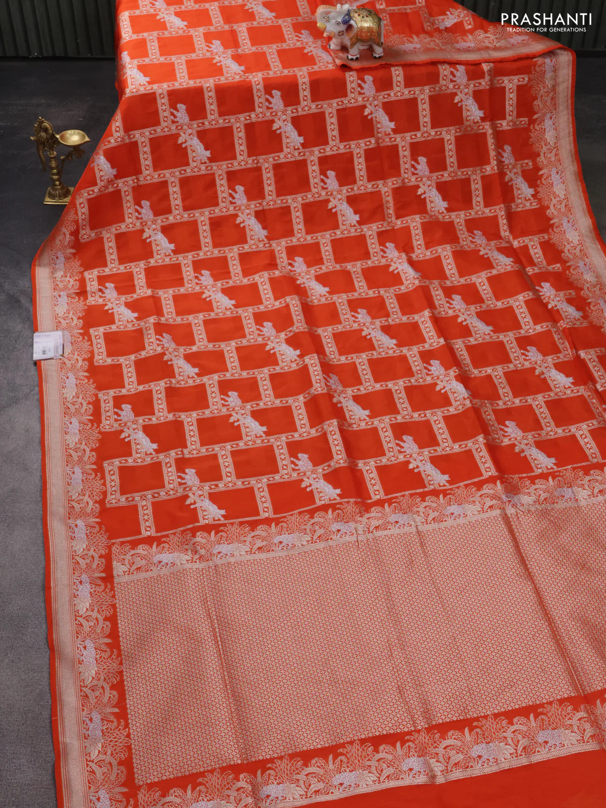 Banarasi semi katan silk saree orange with allover silver & gold zari weaves and zari woven border - Image 2