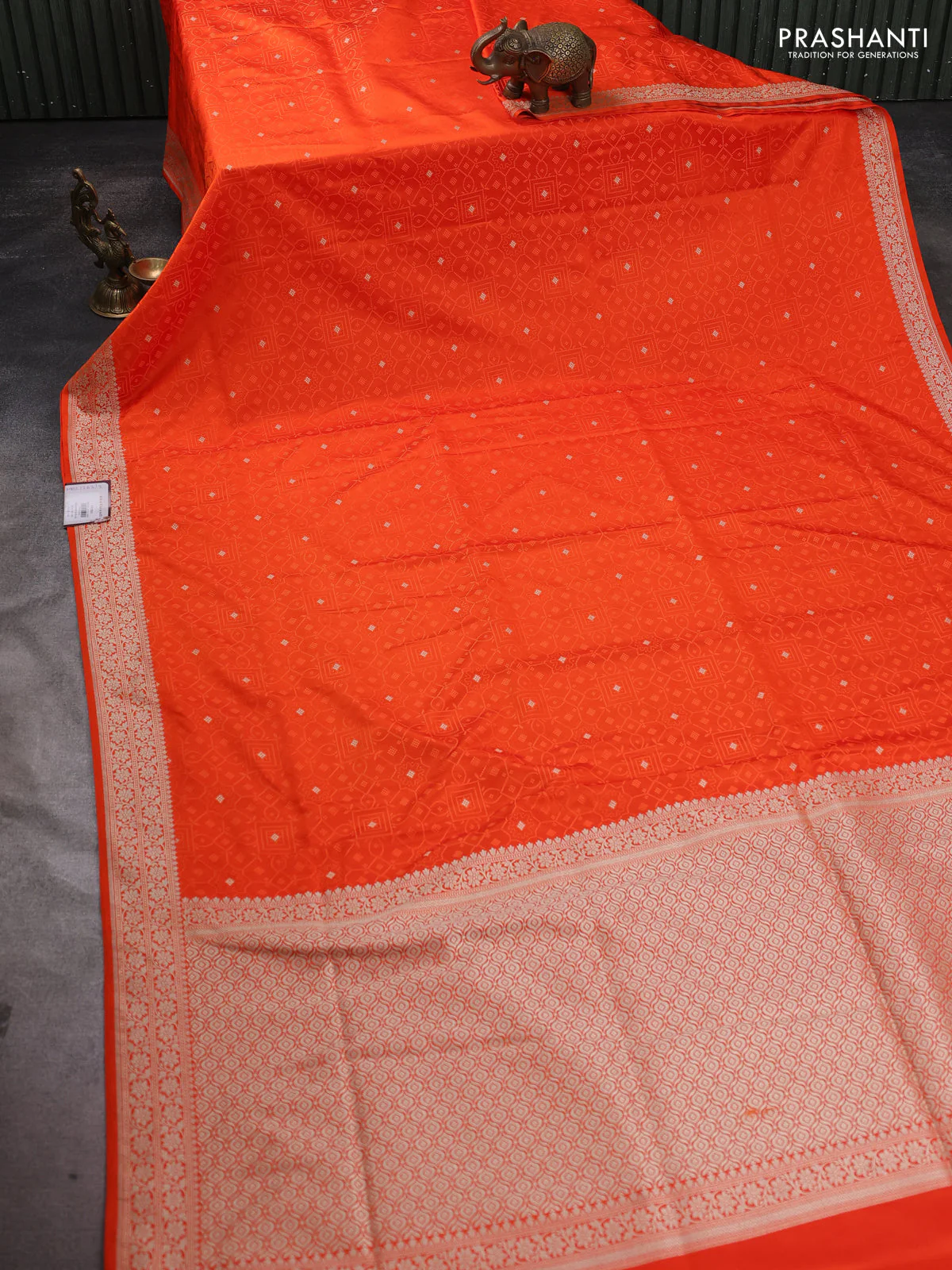 Banarasi semi katan silk saree orange with allover thread weaves & zari woven buttas and zari woven border - Image 2
