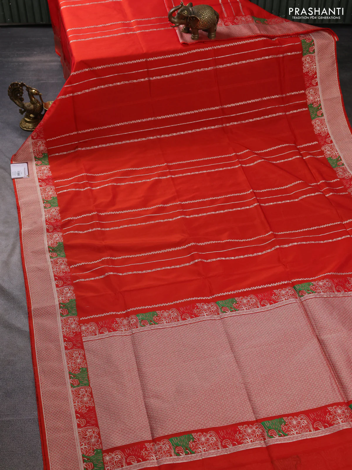Banarasi semi katan silk saree orange with allover zari weaves and thread & zari woven border - Image 2