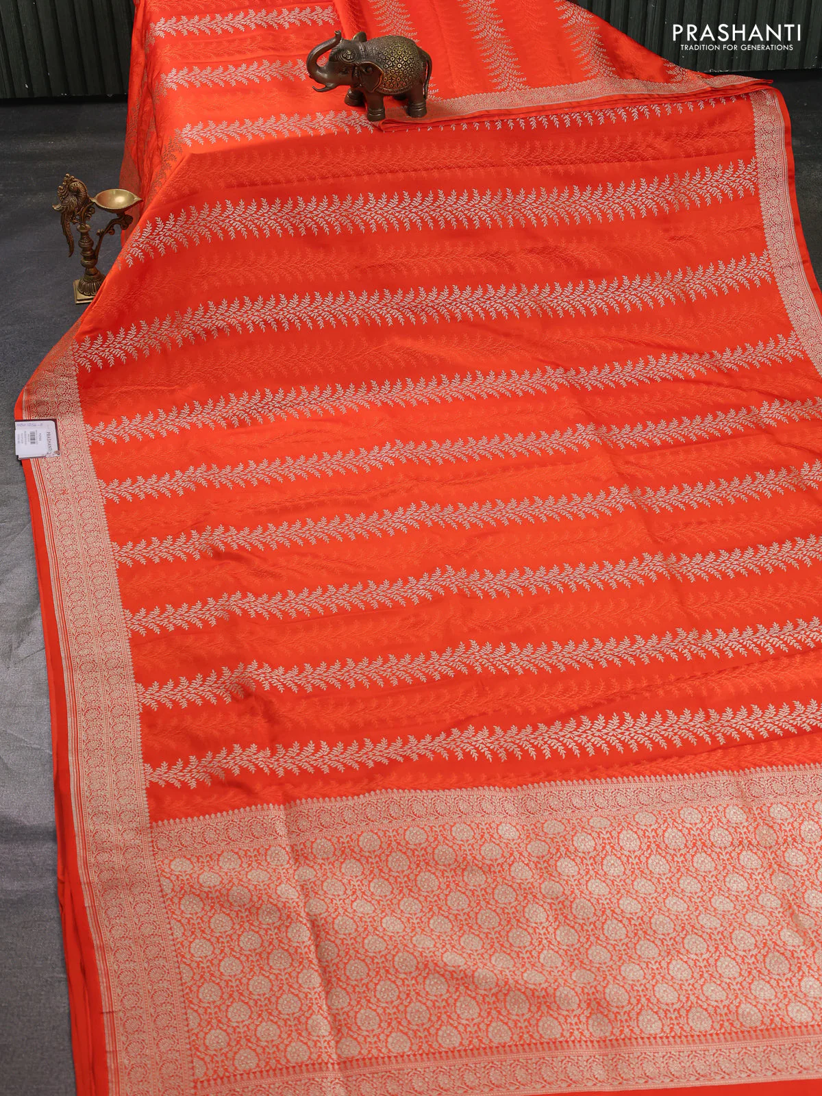 Banarasi semi katan silk saree orange with allover zari weaves and zari woven border - Image 2