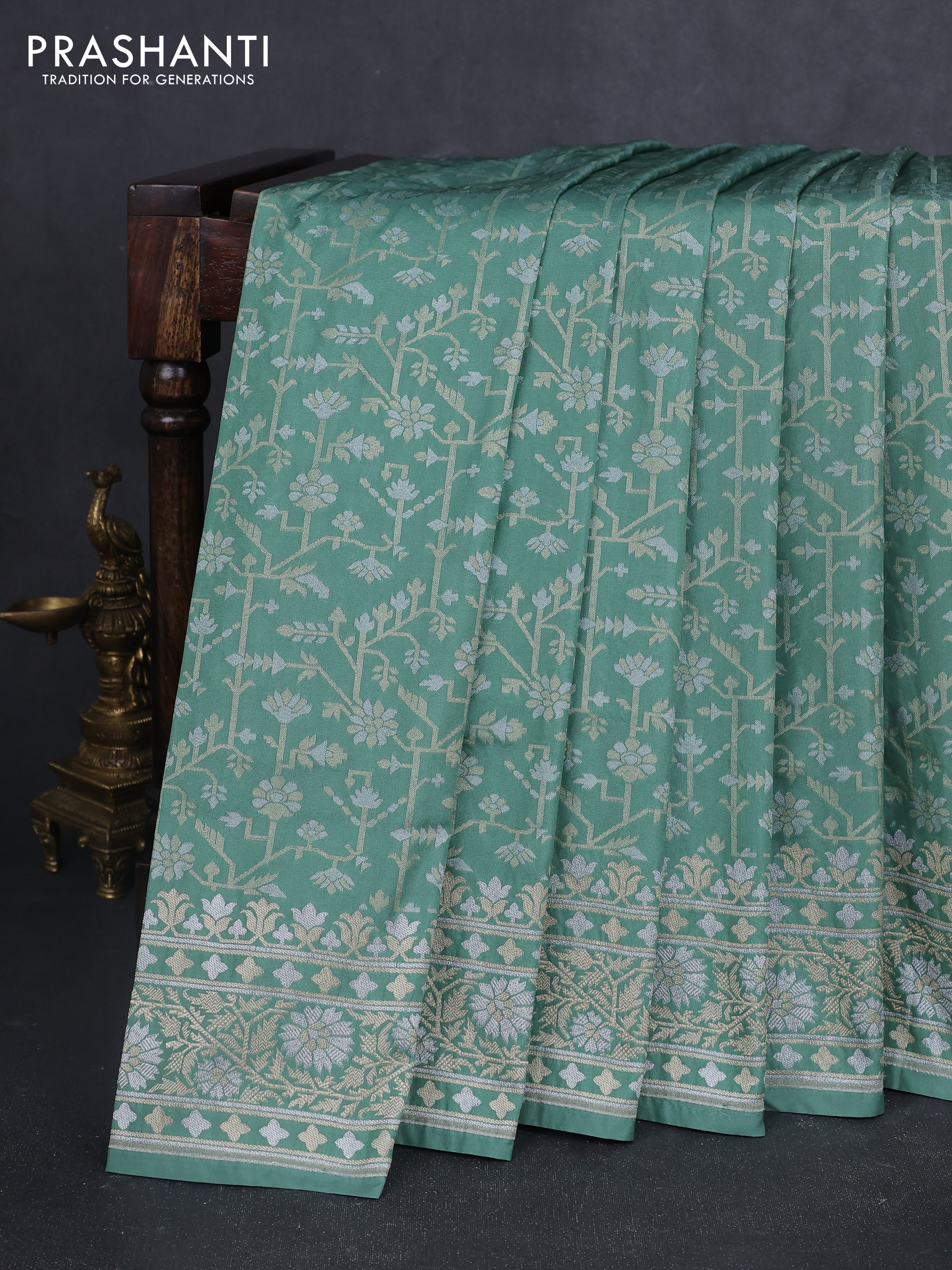 Banarasi semi katan silk saree pastel green with allover jamdhani weaves and zari woven border