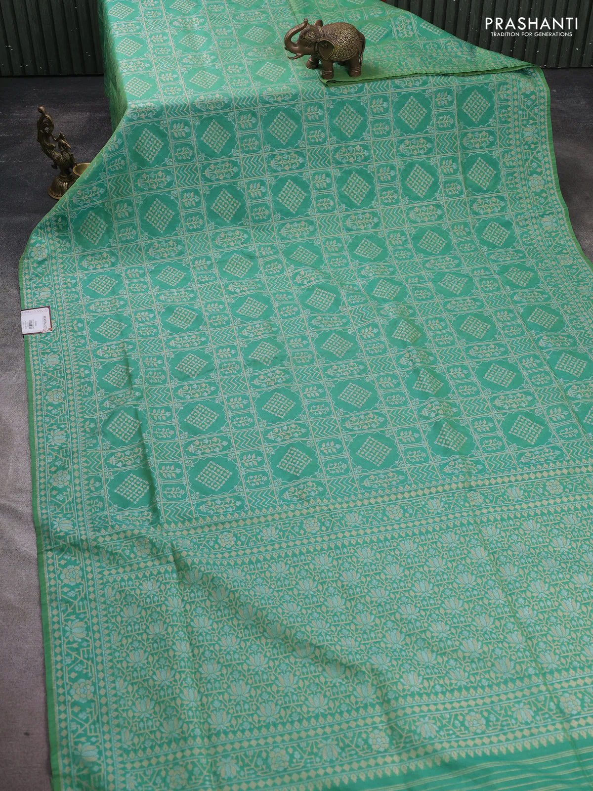 Banarasi semi katan silk saree pastel green with allover silver & gold zari woven buttas and zari woven border - Image 2