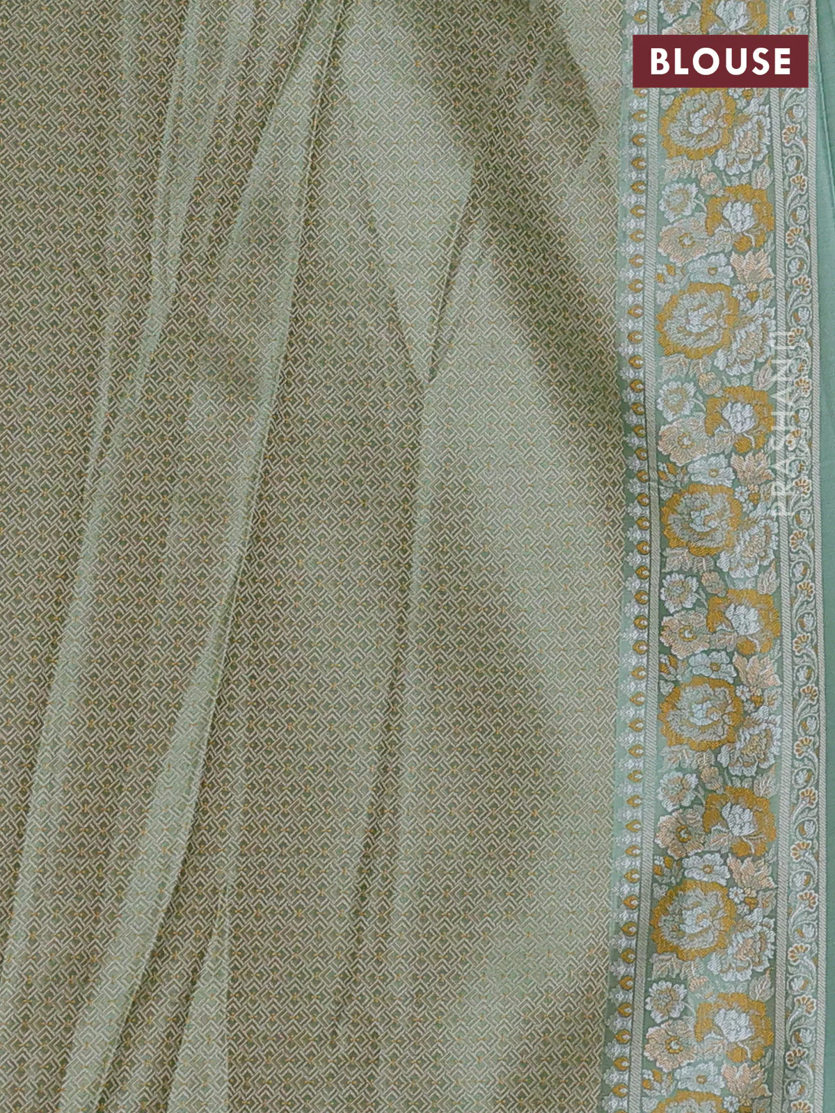 Banarasi semi katan silk saree pastel green with allover thread brocade weaves and thread woven border - Image 3