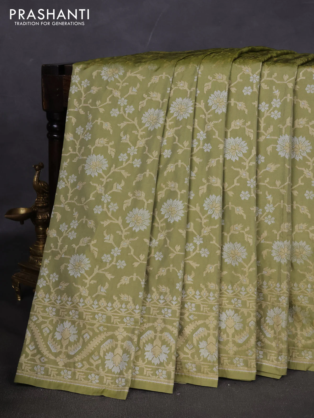 Banarasi semi katan silk saree pastel green with allover zari weaves and zari woven border