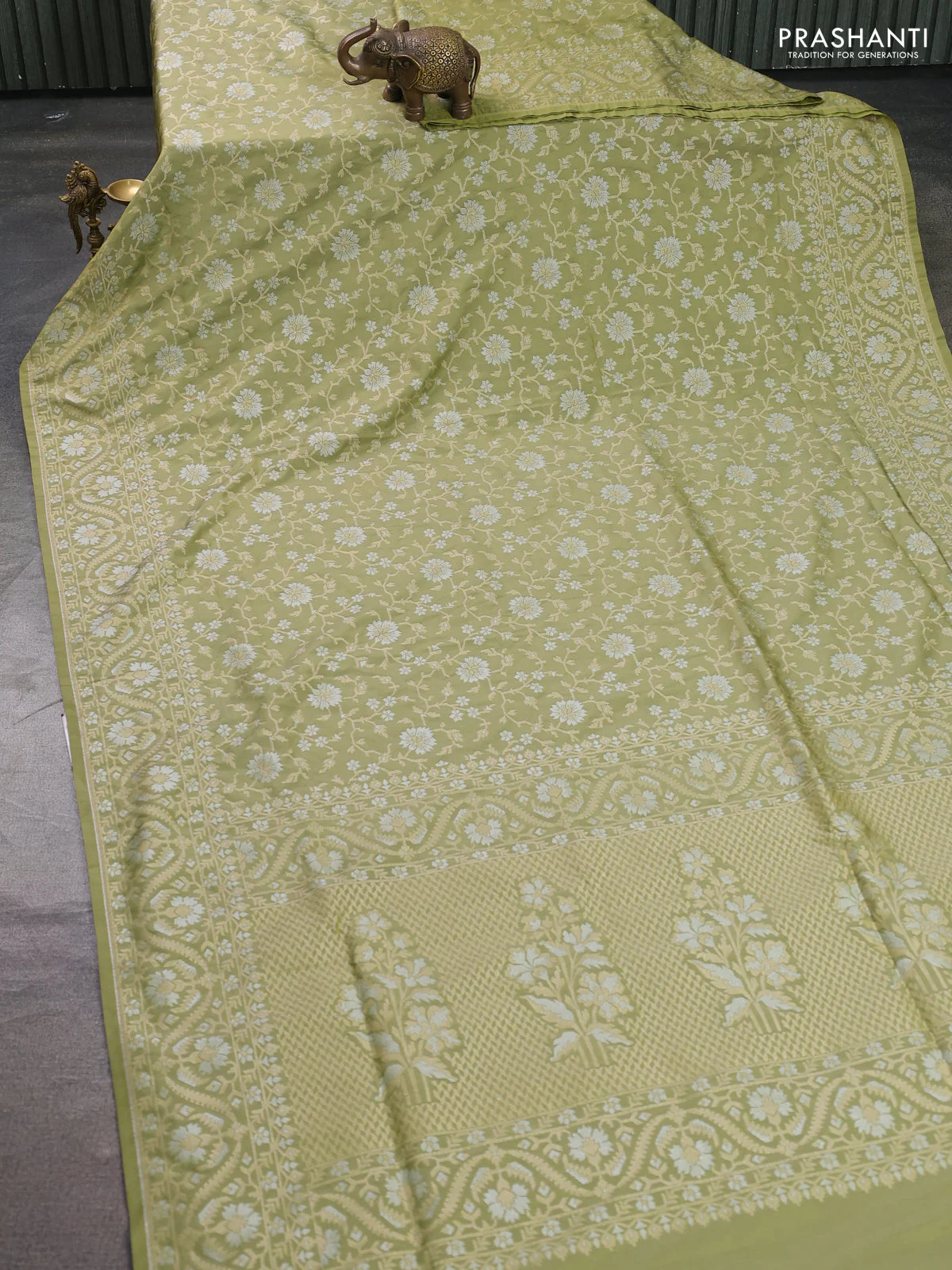 Banarasi semi katan silk saree pastel green with allover zari weaves and zari woven border - Image 2