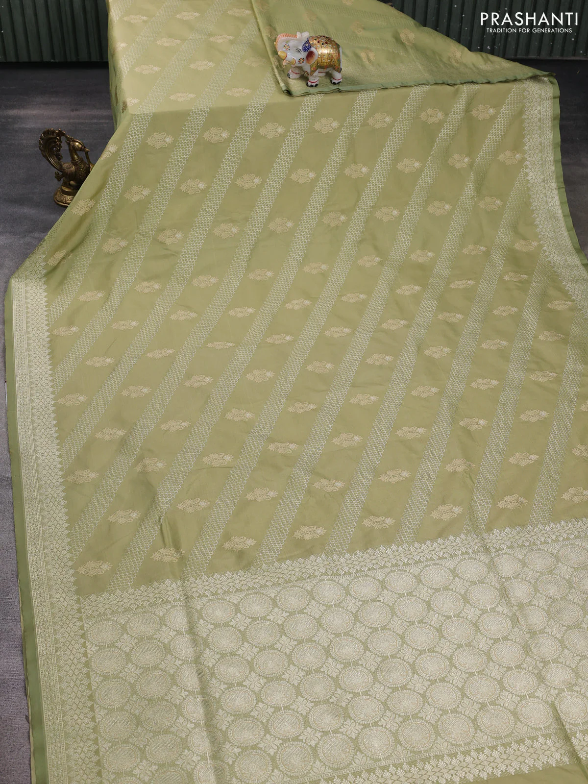 Banarasi semi katan silk saree pastel green with allover zari weaves & thread wiven buttas and zari woven border - Image 2
