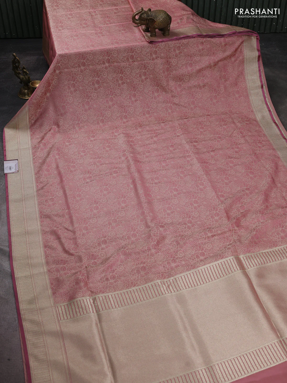 Banarasi semi katan silk saree pastel pink with allover floral self emboss and zari woven border - Image 2