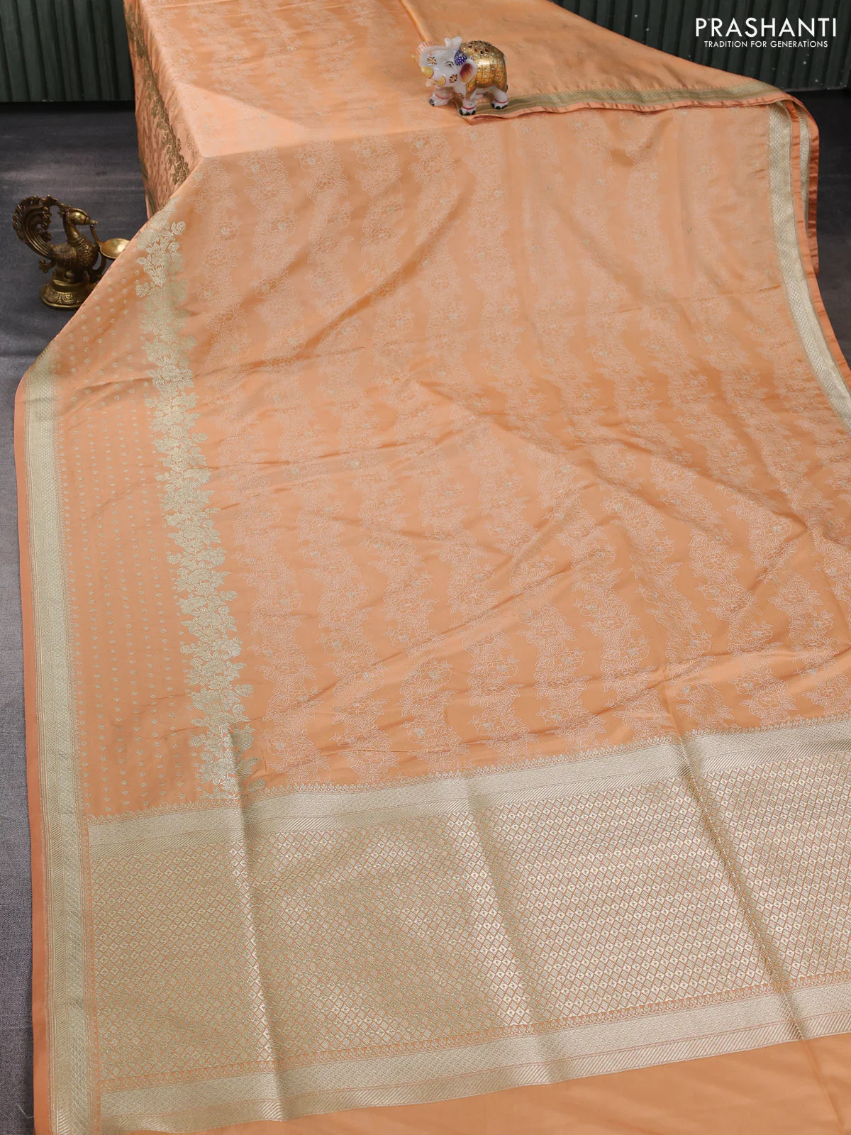 Banarasi semi katan silk saree peach orange with allover floral self emboss & zari woven buttas and zari woven border - Image 2