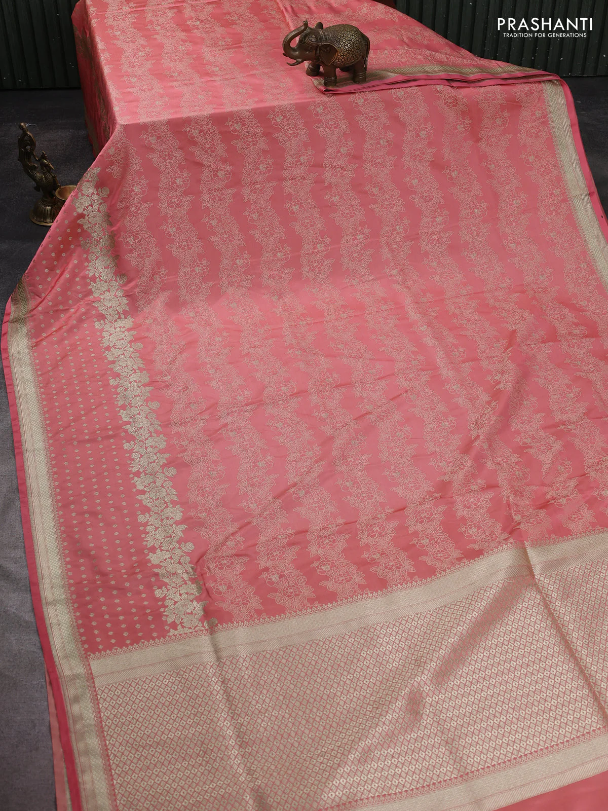 Banarasi semi katan silk saree peach shade with allover floral self emboss & zari woven buttas and zari woven border - Image 2